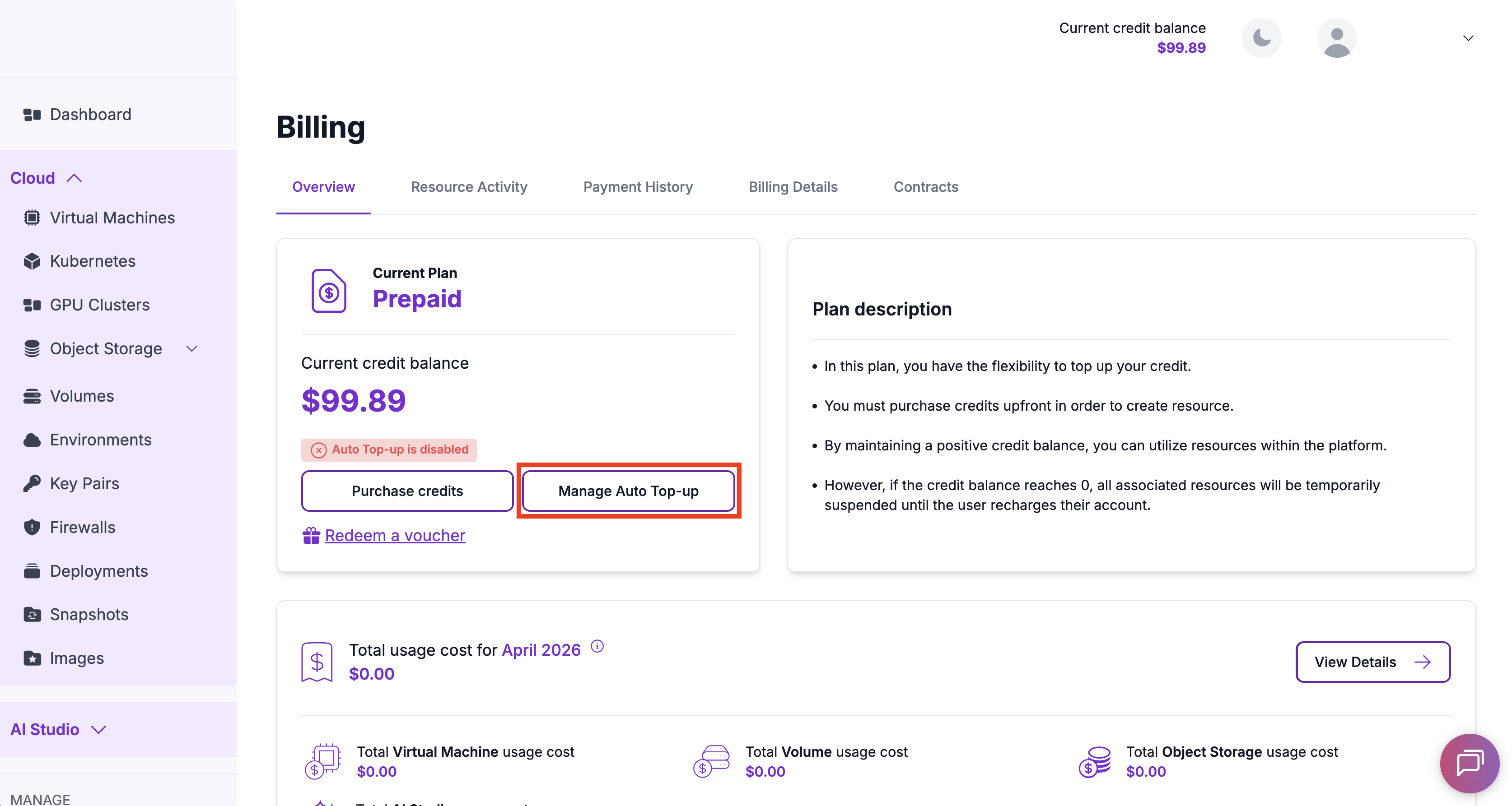 Billing Overview - Manage Auto Top-up Button