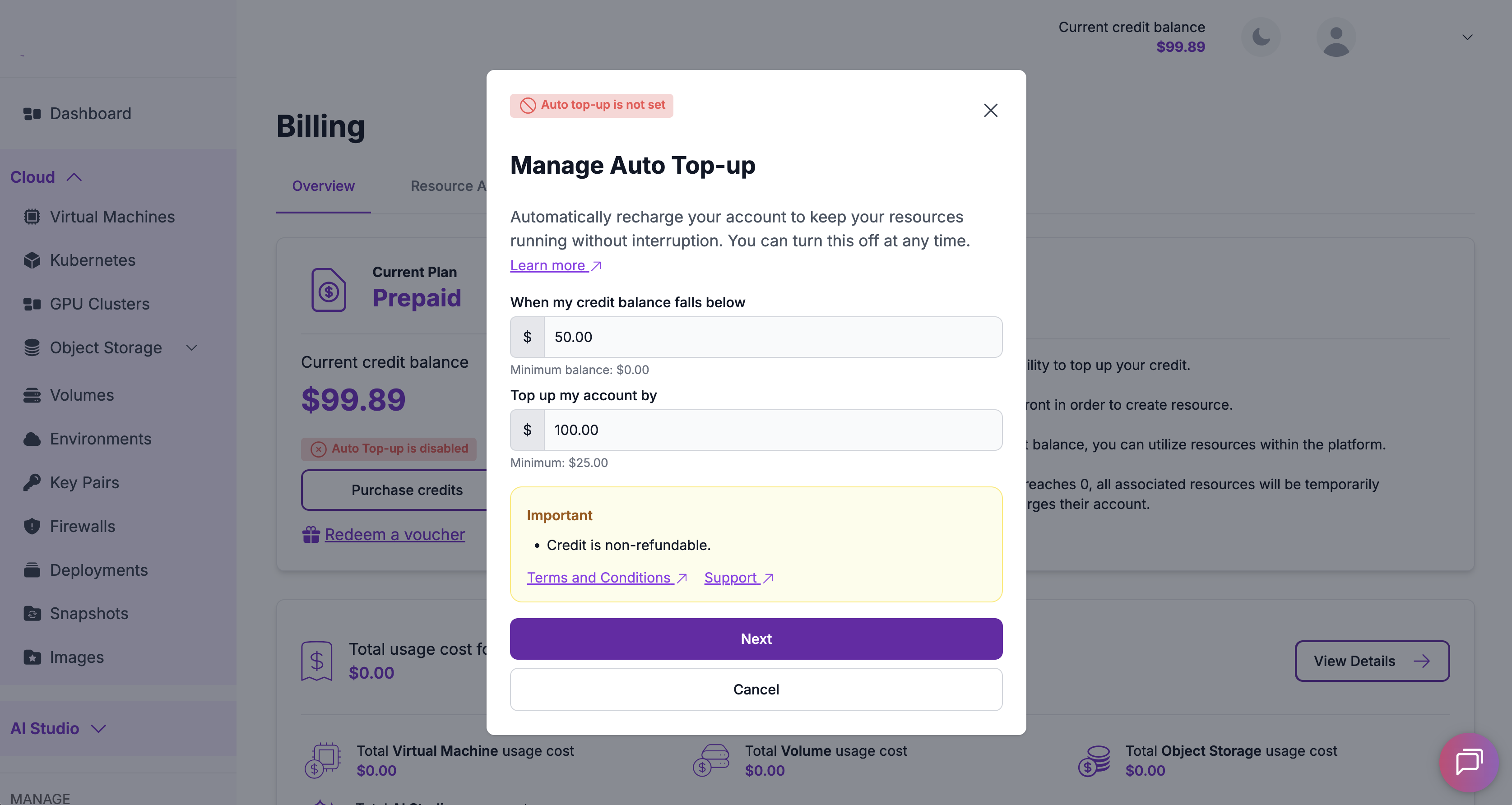 Auto Top-up Modal - Configuration Settings