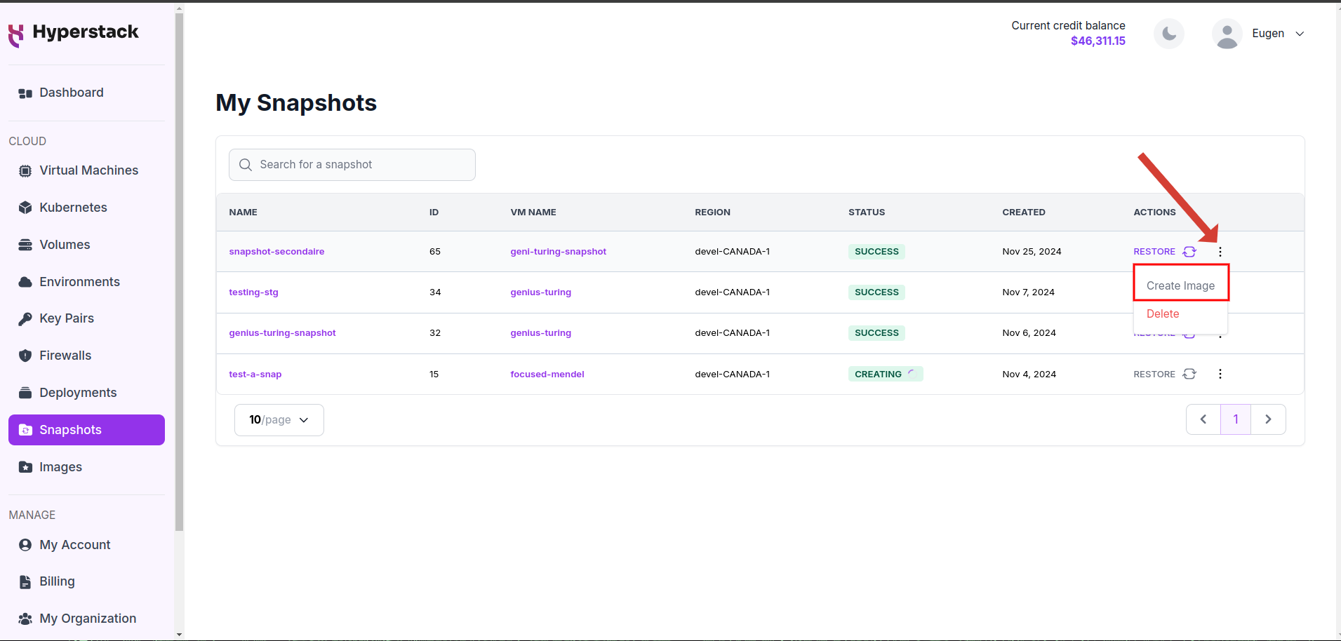 Create custom image from Snapshot on Hyperstack