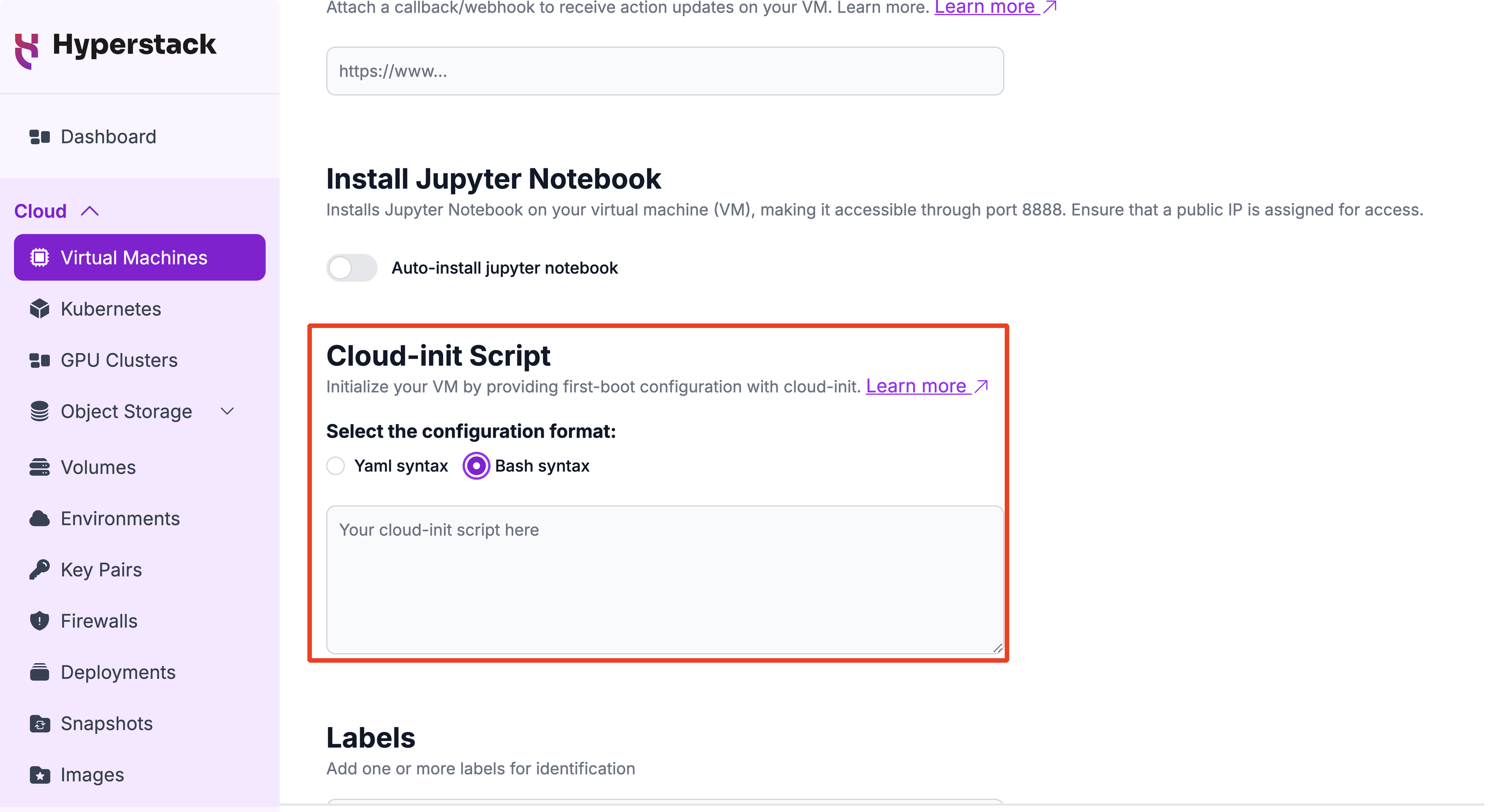 The Cloud-init Script section of the deployment form with the Bash syntax format selected