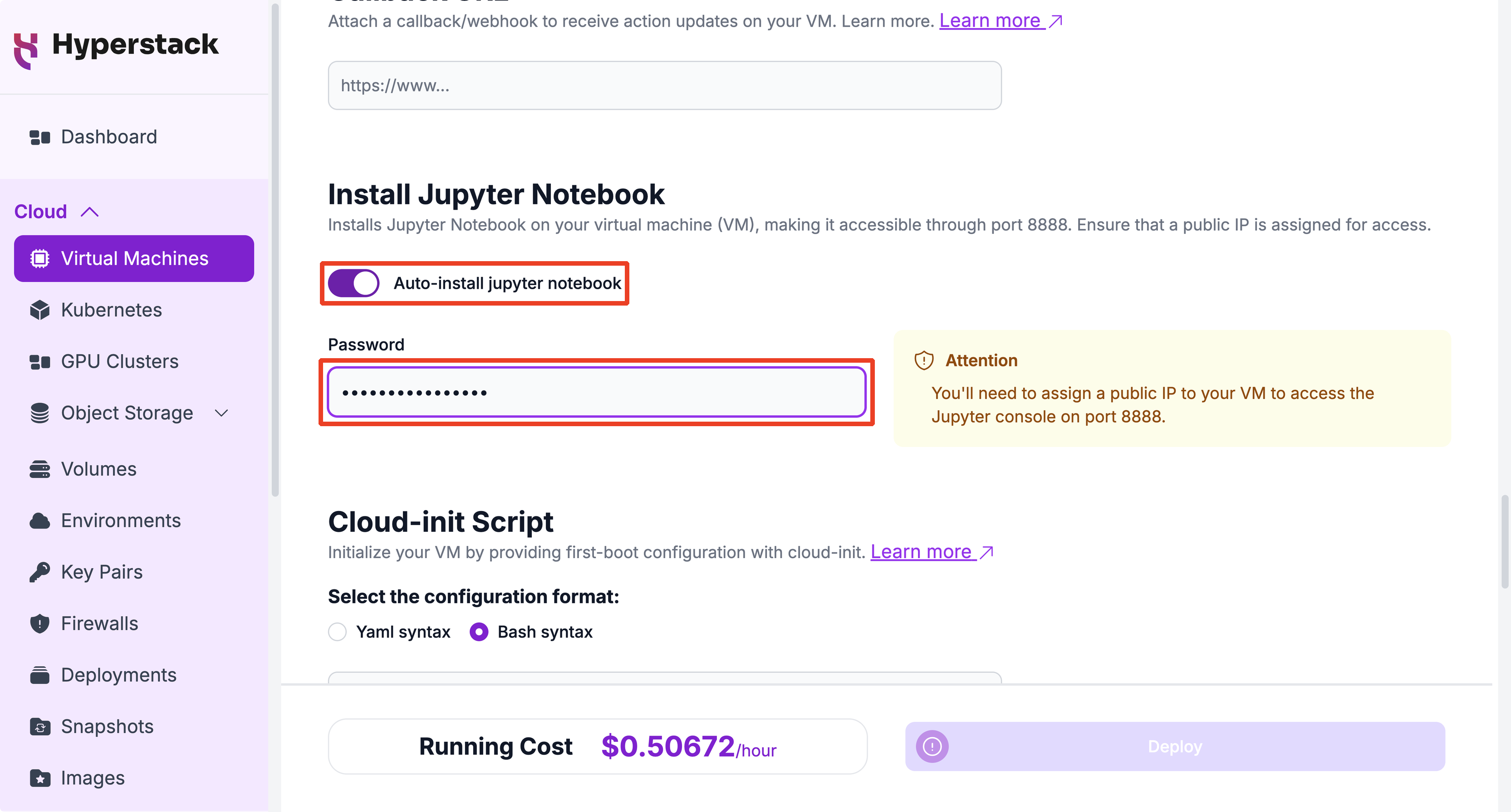Auto-install Jupyter Notebook section in the virtual machine deployment form