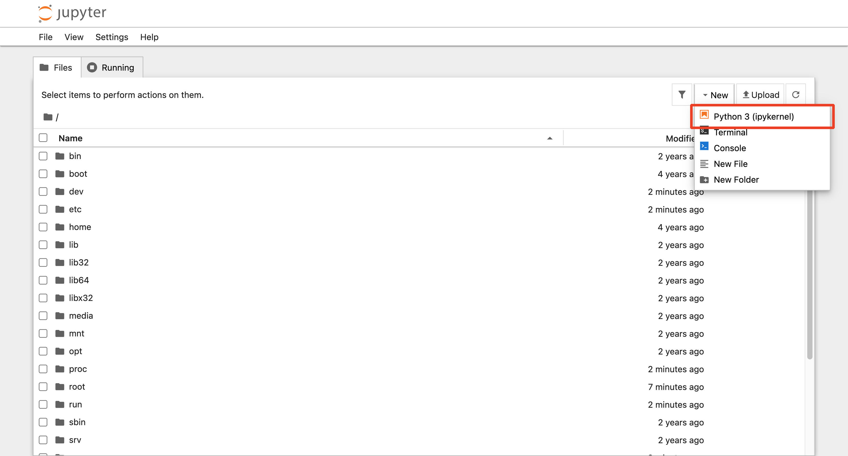 Jupyter Notebook home page with the New menu open