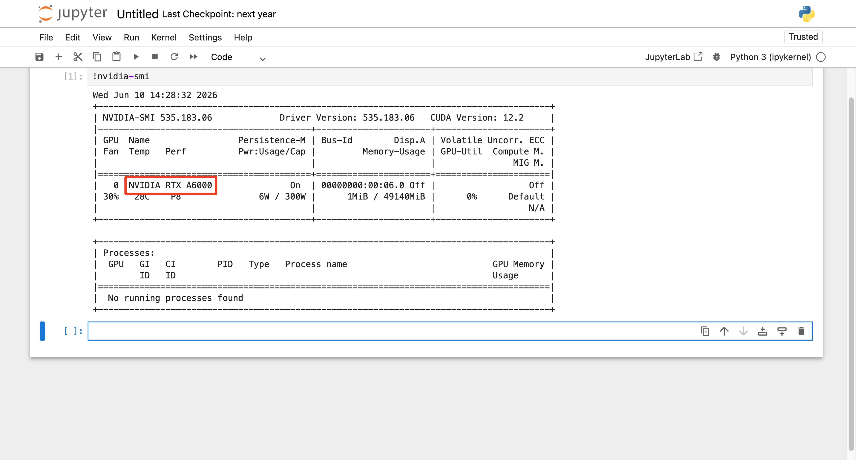 Notebook cell showing nvidia-smi output with the GPU listed