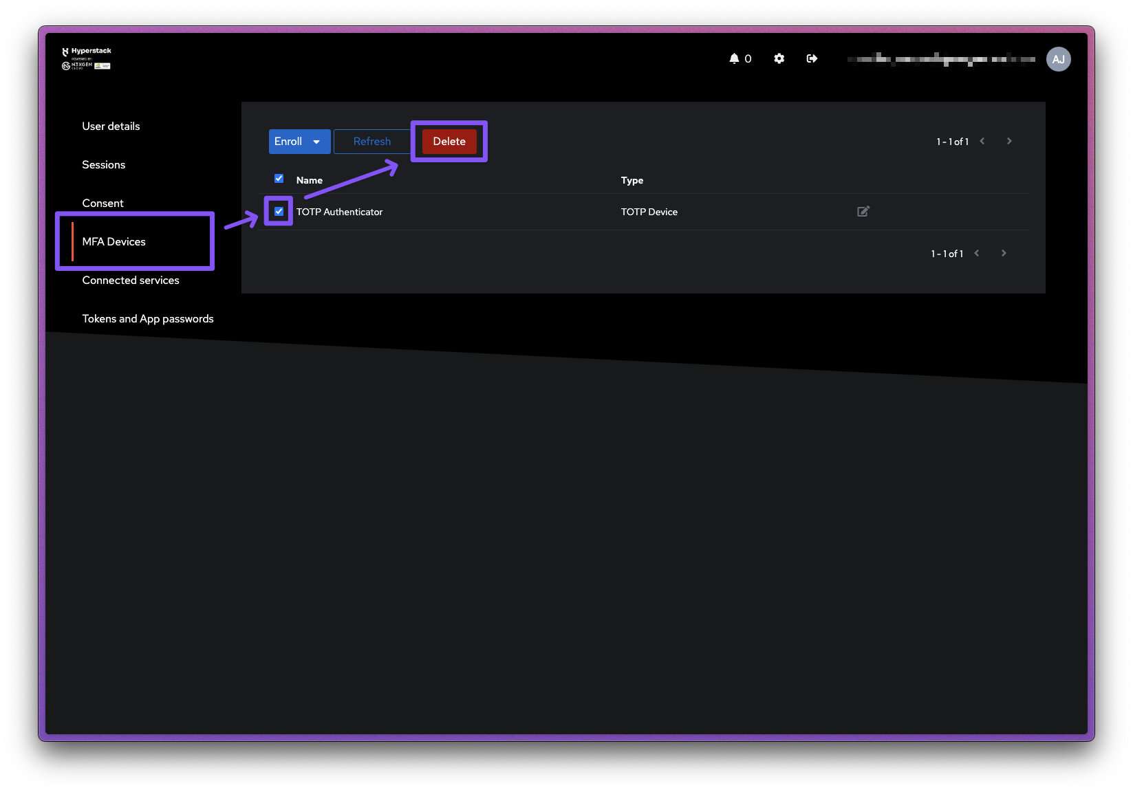 MFA Device Settings - Delete Device