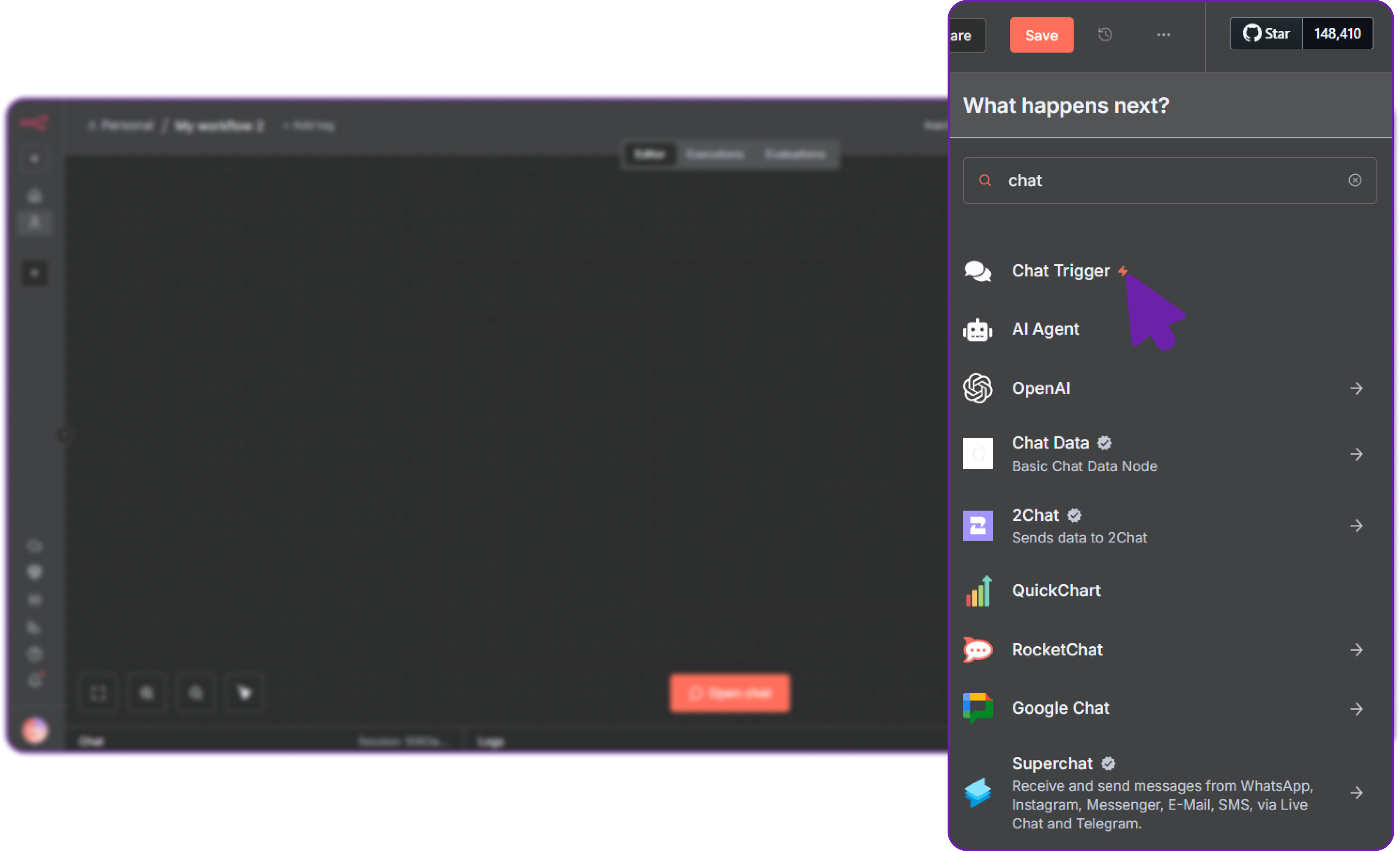 Add Chat Trigger node in n8n