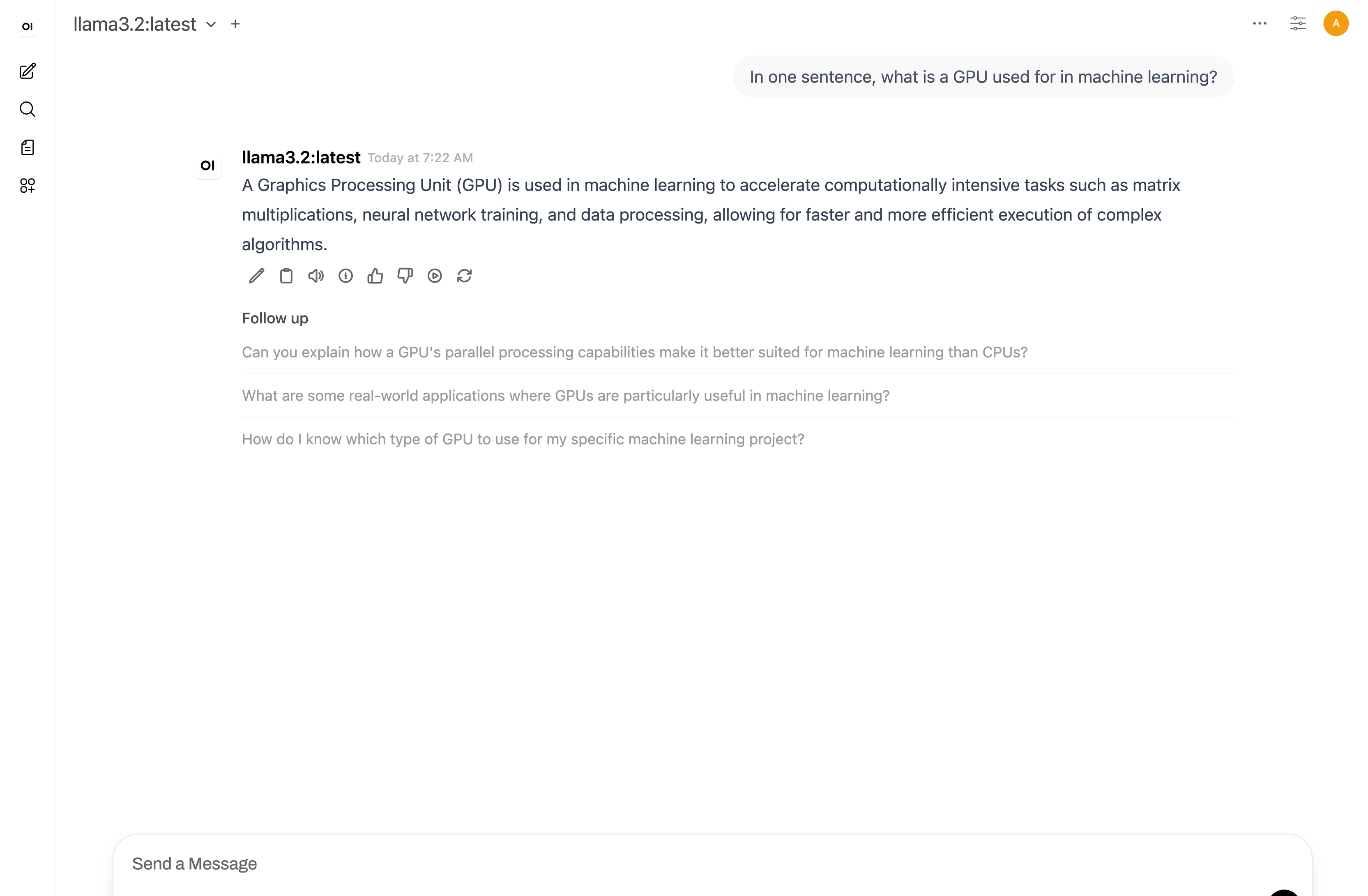 The Open WebUI chat interface showing a response from the llama3.2 model