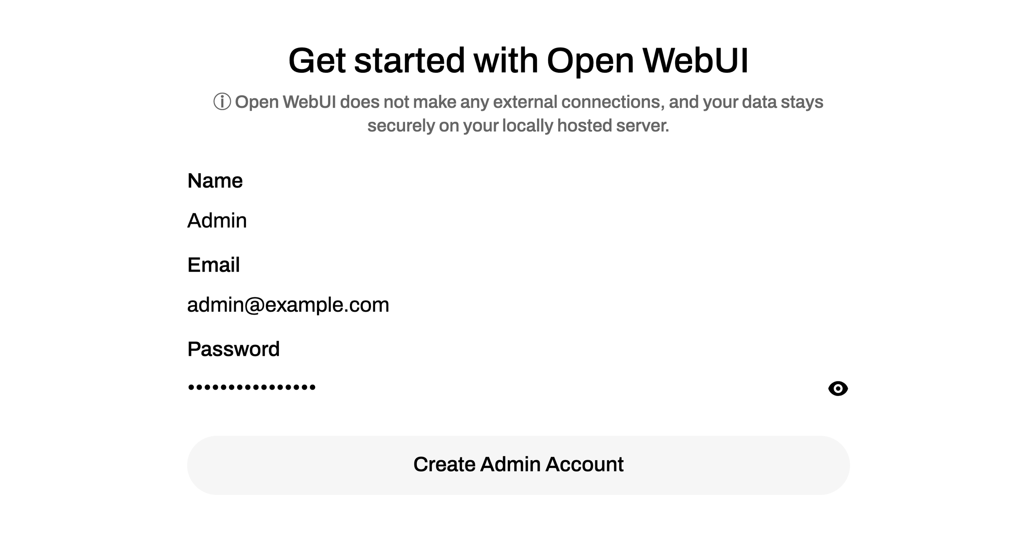 The Open WebUI Create Admin Account form, with name, email, and password fields