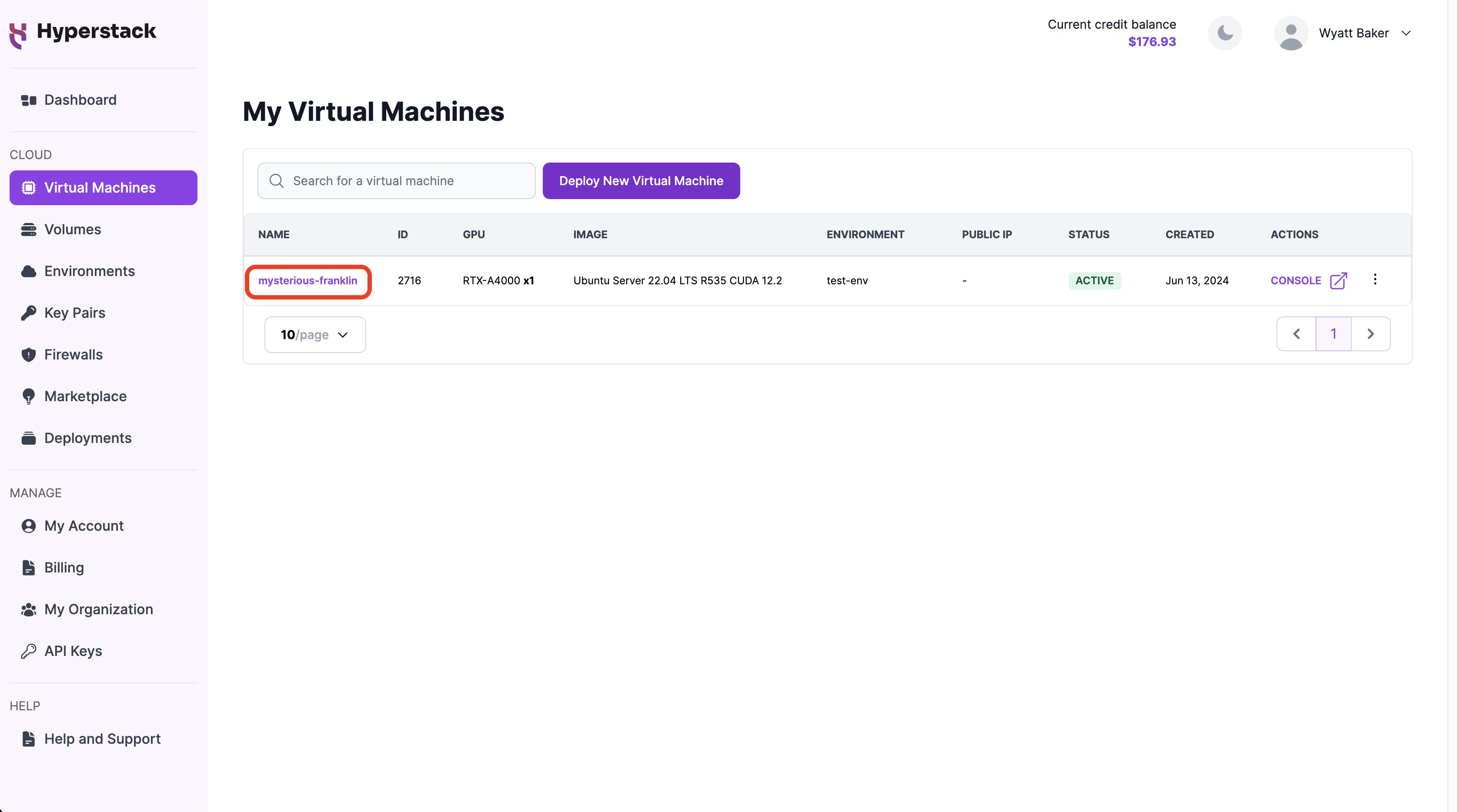 Hyperstack VM list UI