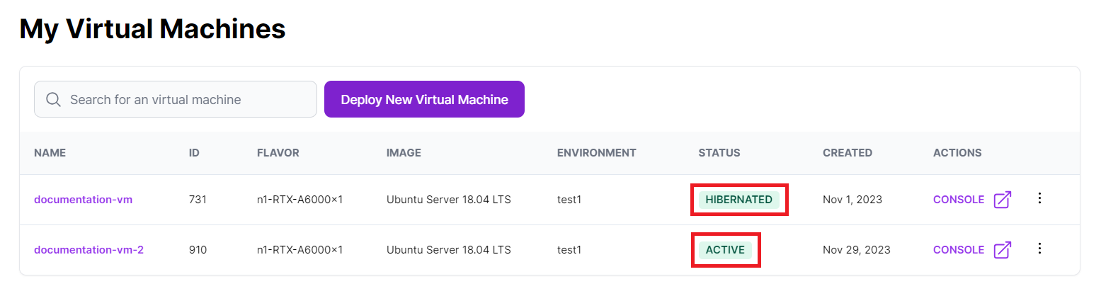 Hyperstack UI VM Statuses