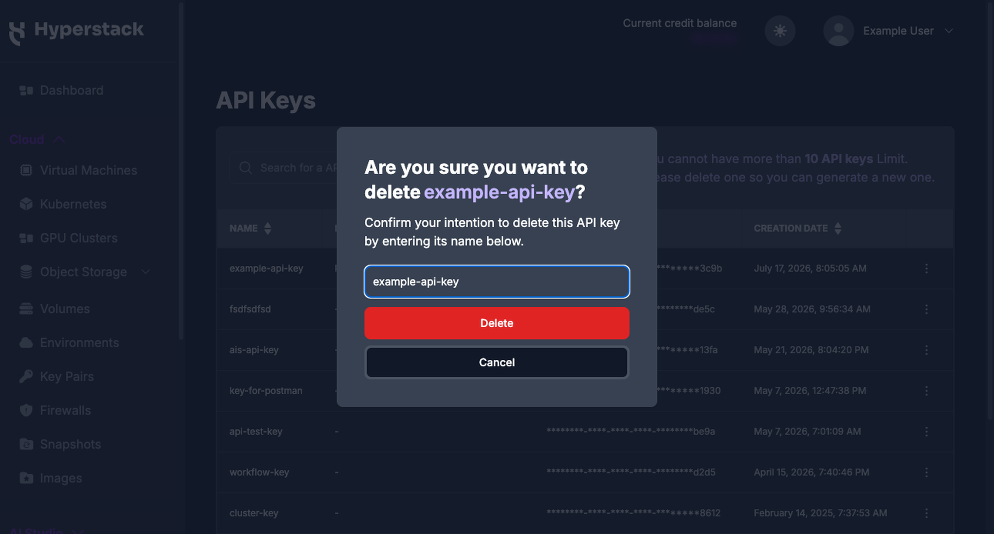 Delete confirmation dialog requiring the key name to be typed before the Delete button is enabled
