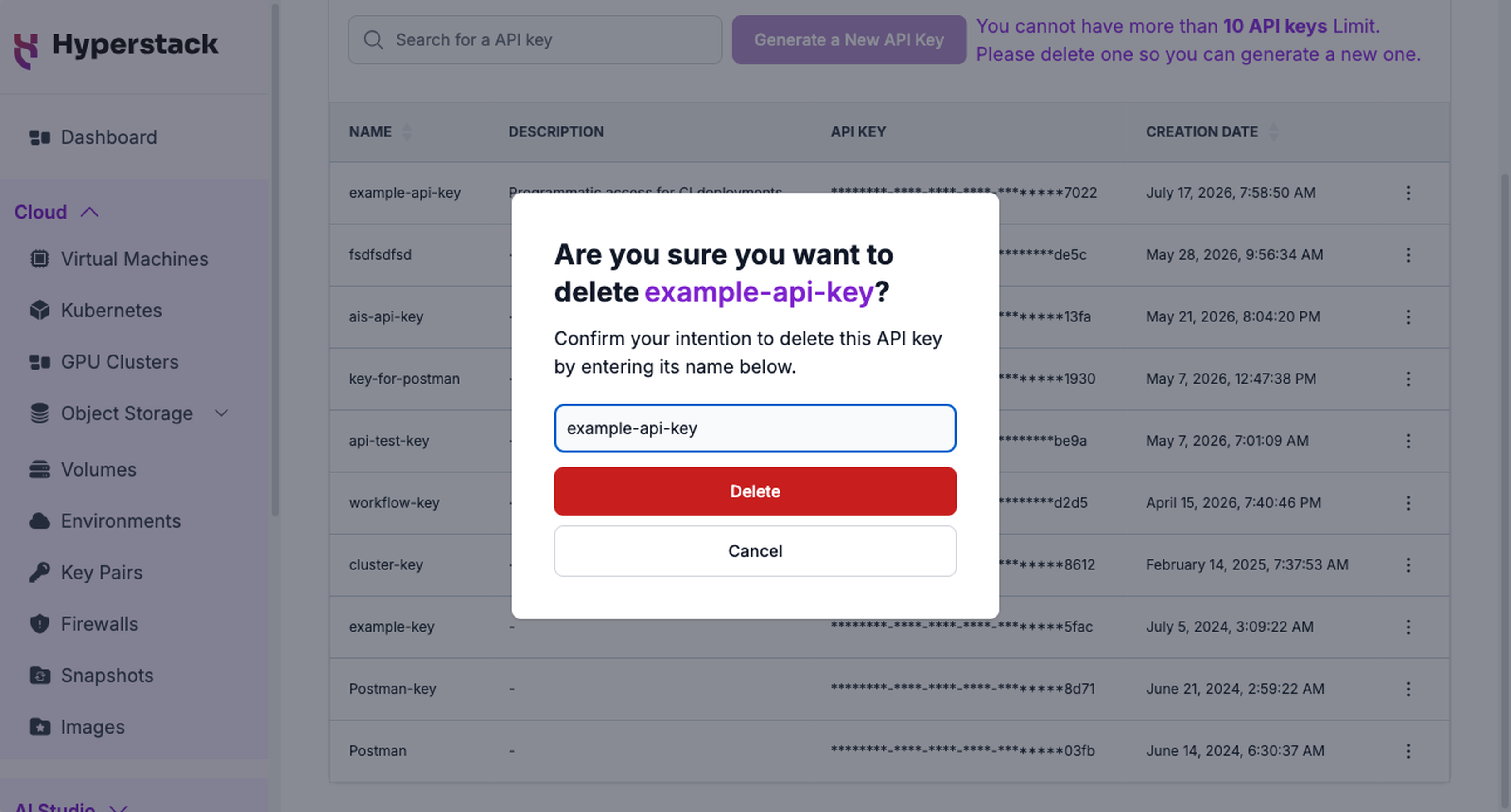 Delete confirmation dialog requiring the key name to be typed before the Delete button is enabled