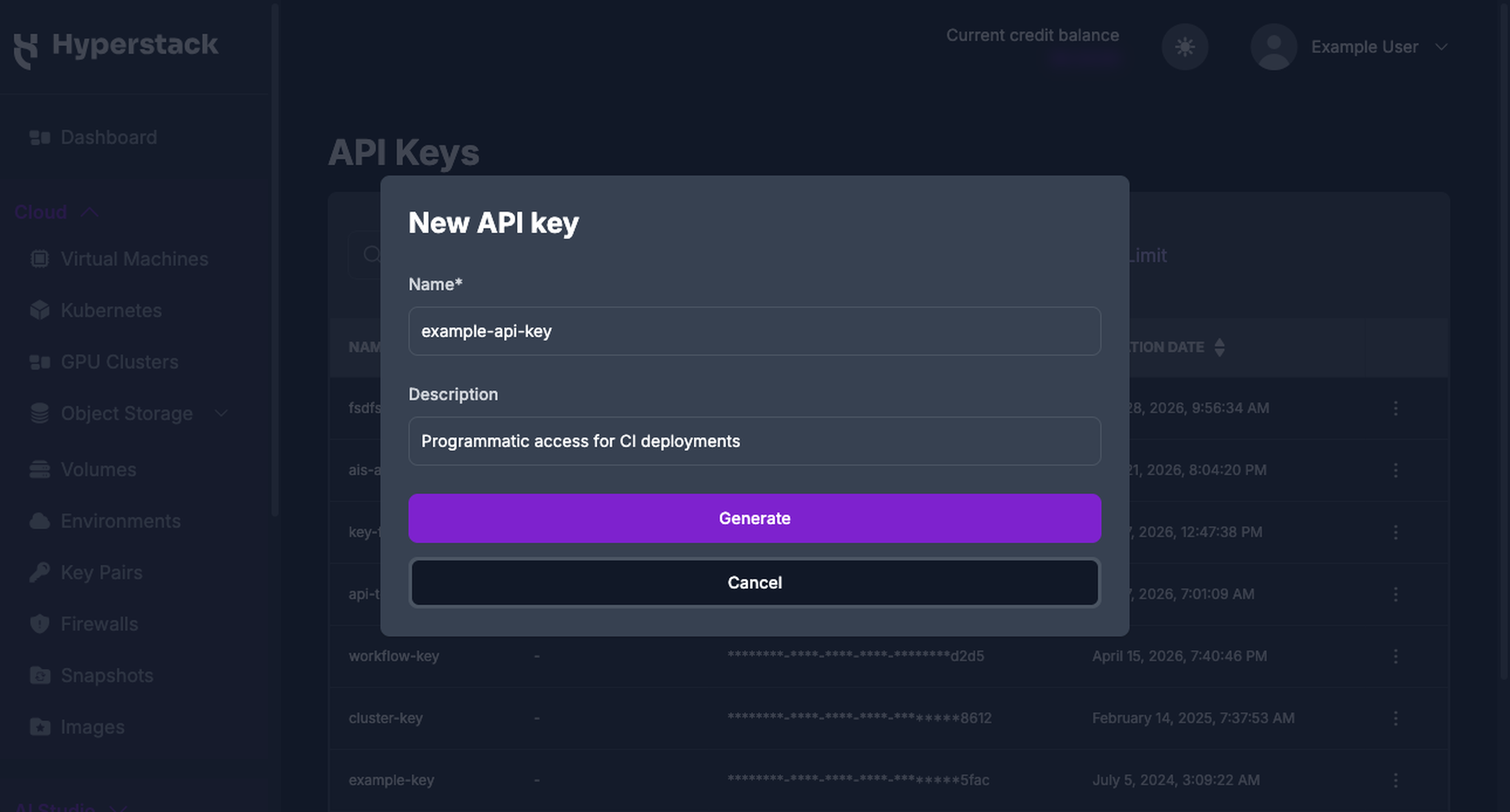 New API key modal with the Name and Description fields filled in and the Generate button active