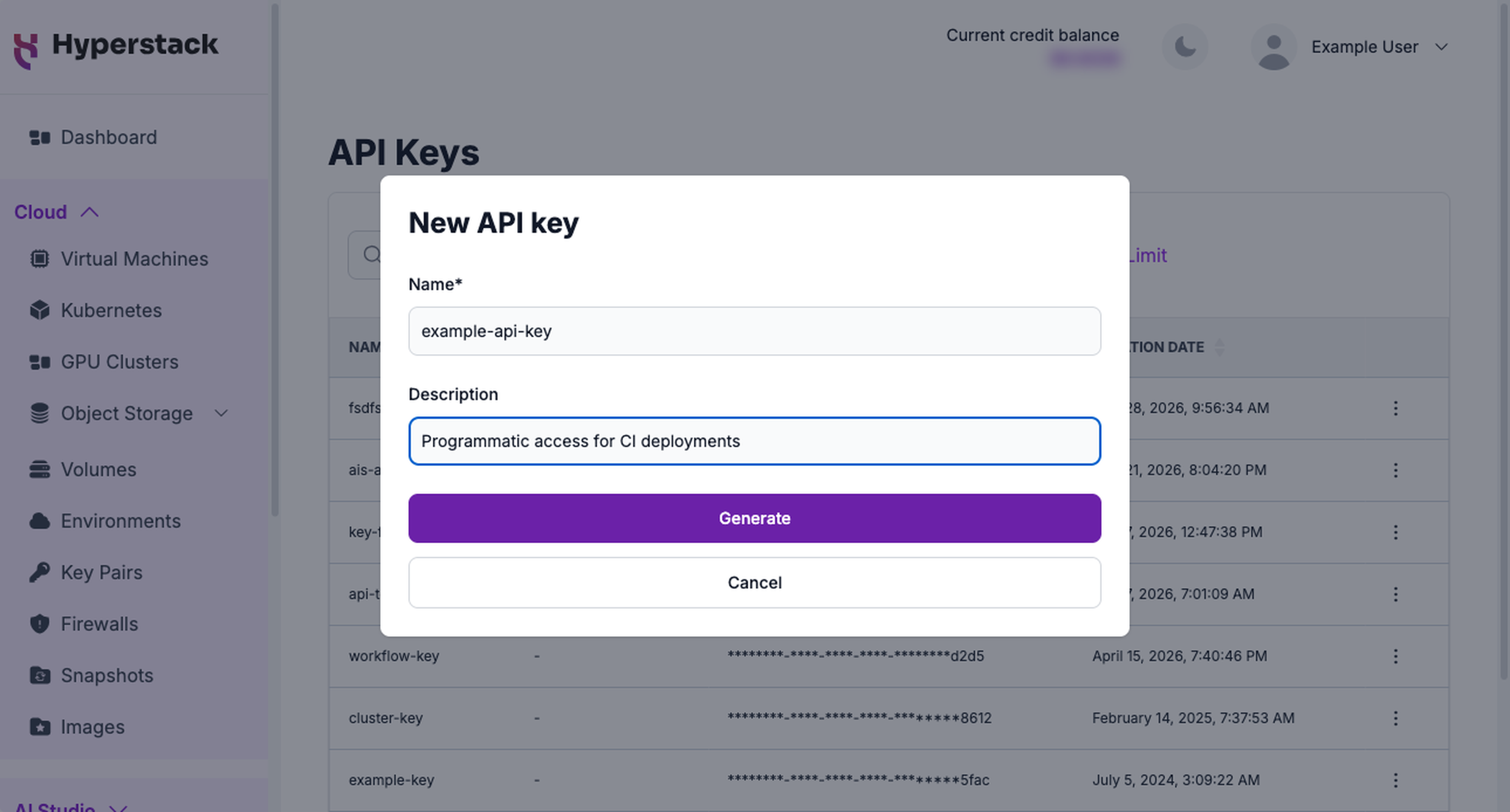 New API key modal with the Name and Description fields filled in and the Generate button active