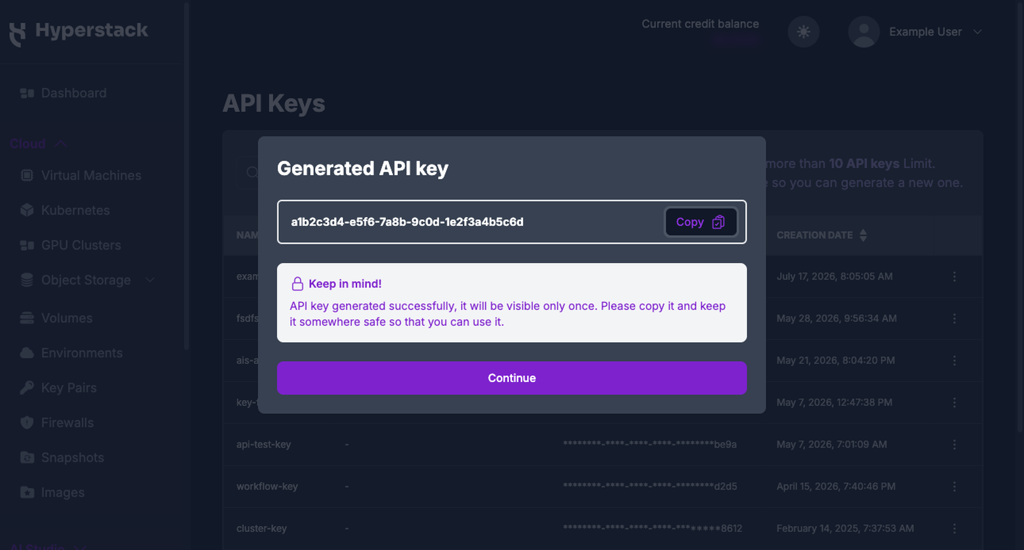 Generated API key dialog showing the full key value, the Copy button, and the one-time visibility notice