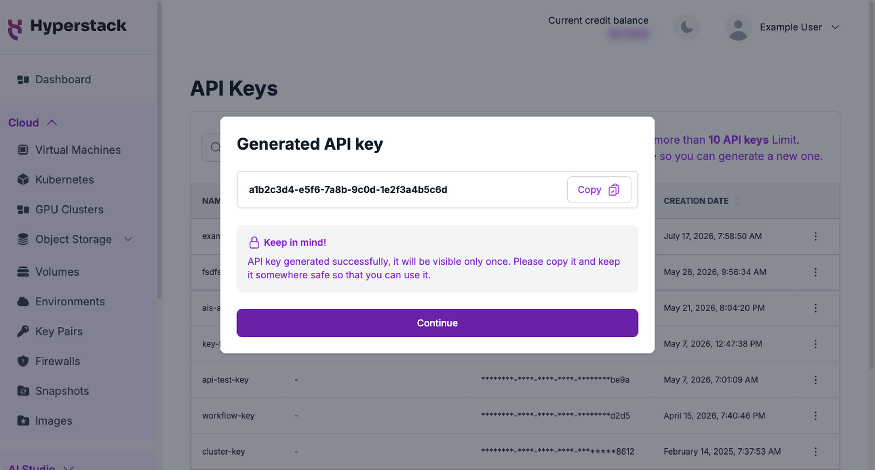 Generated API key dialog showing the full key value, the Copy button, and the one-time visibility notice