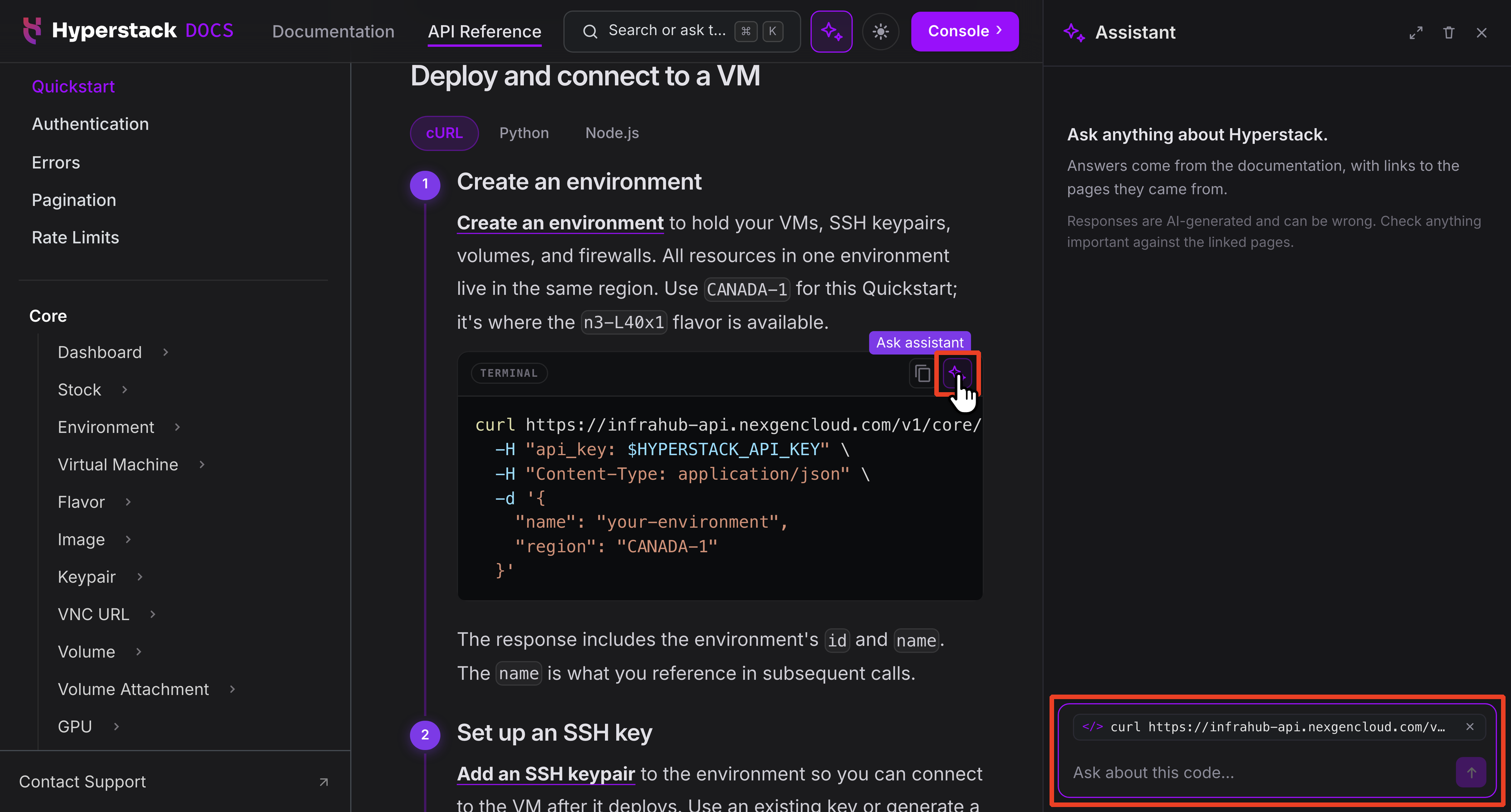 An API Quickstart code sample with the Ask assistant button selected, and the assistant panel open with the code attached to the question box