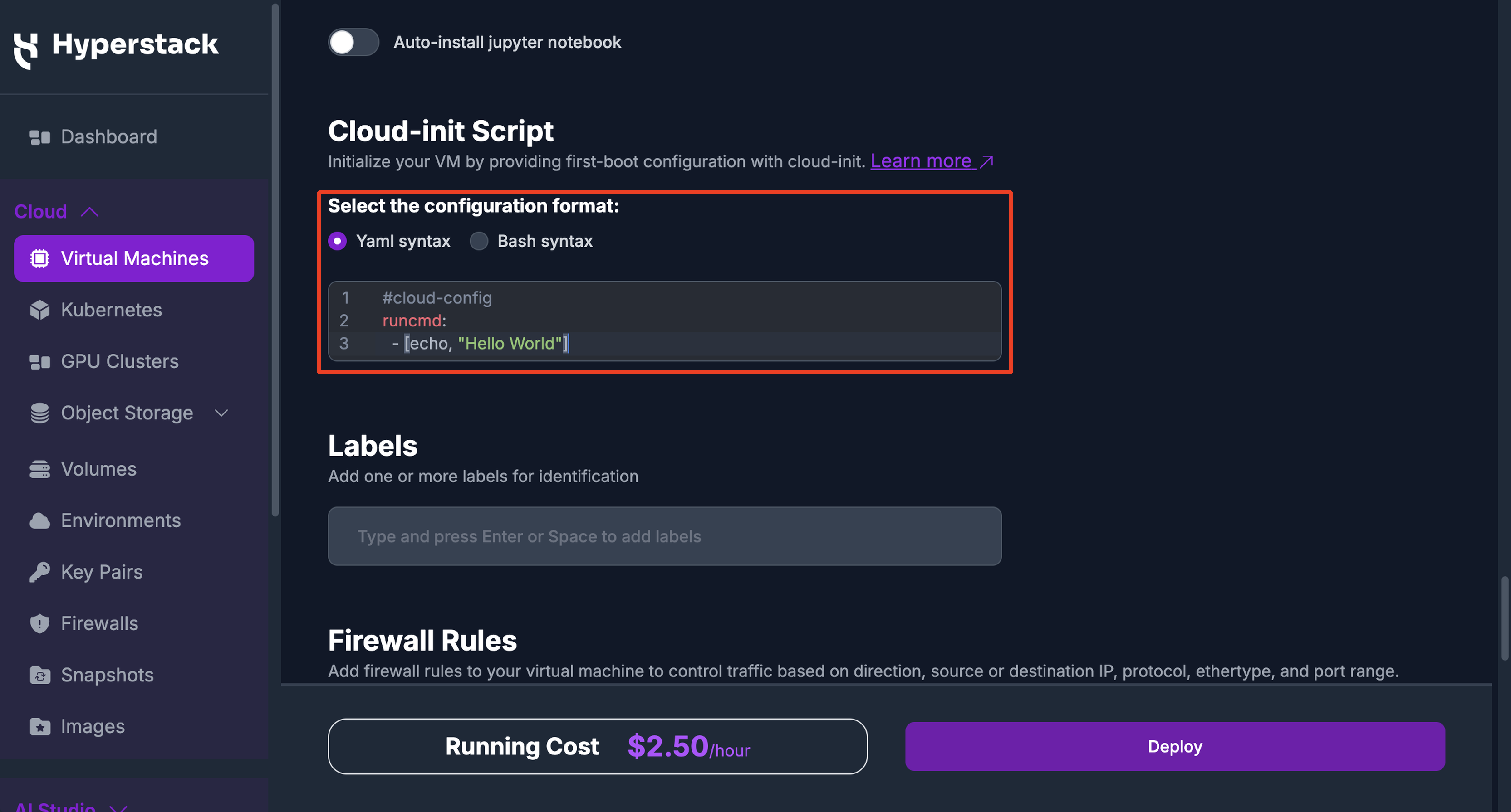 The Cloud-init Script section of the Deploy Virtual Machine page, with the configuration format set to Yaml syntax and a cloud-config script entered in the editor