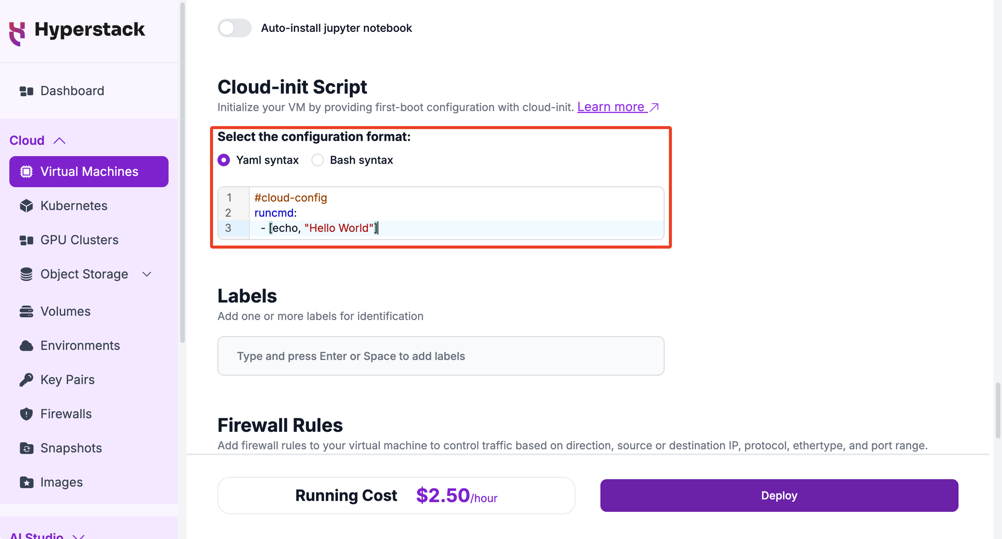 The Cloud-init Script section of the Deploy Virtual Machine page, with the configuration format set to Yaml syntax and a cloud-config script entered in the editor