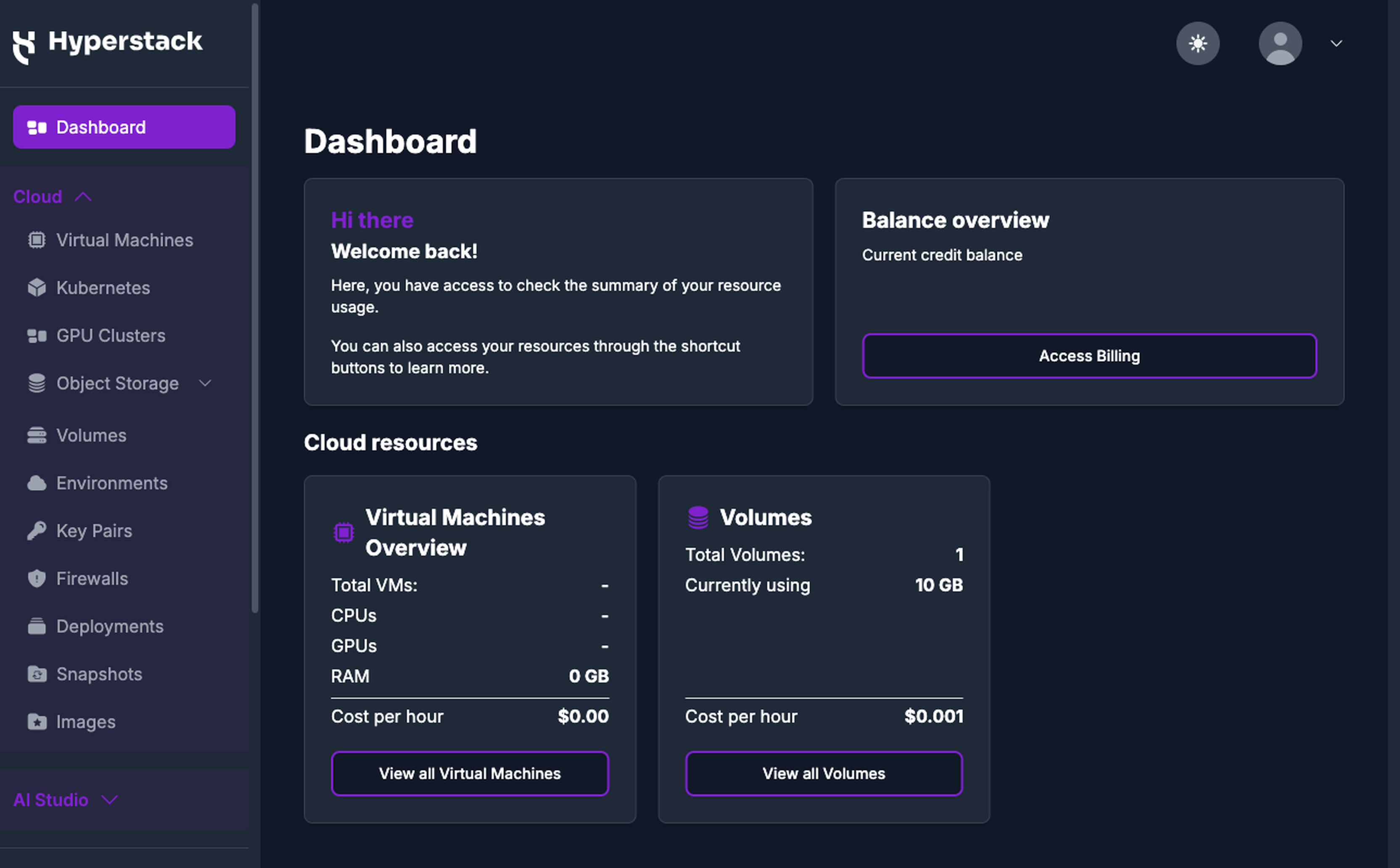 The console Dashboard showing the balance overview card and the cloud resource summary cards for virtual machines and volumes