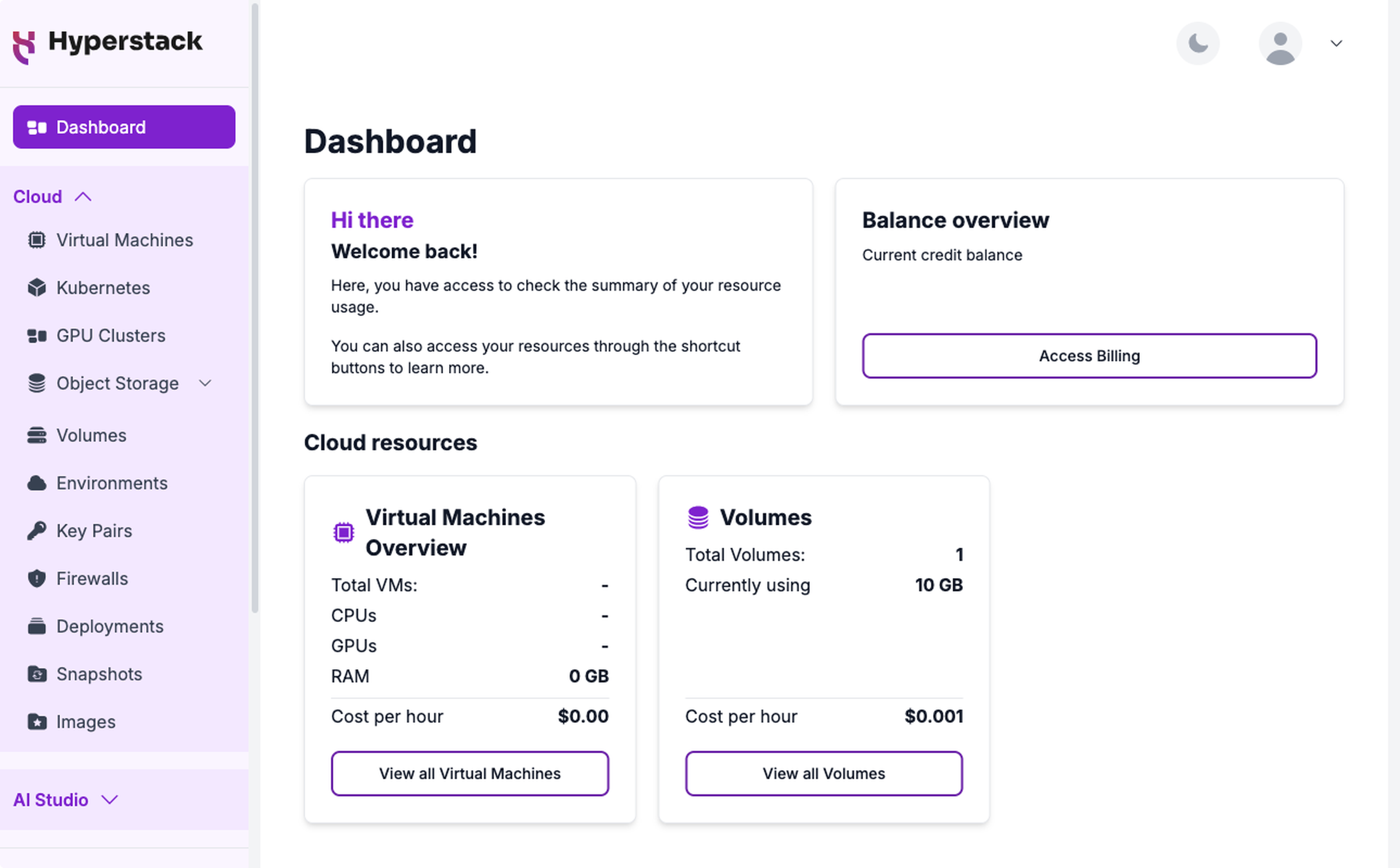 The console Dashboard showing the balance overview card and the cloud resource summary cards for virtual machines and volumes