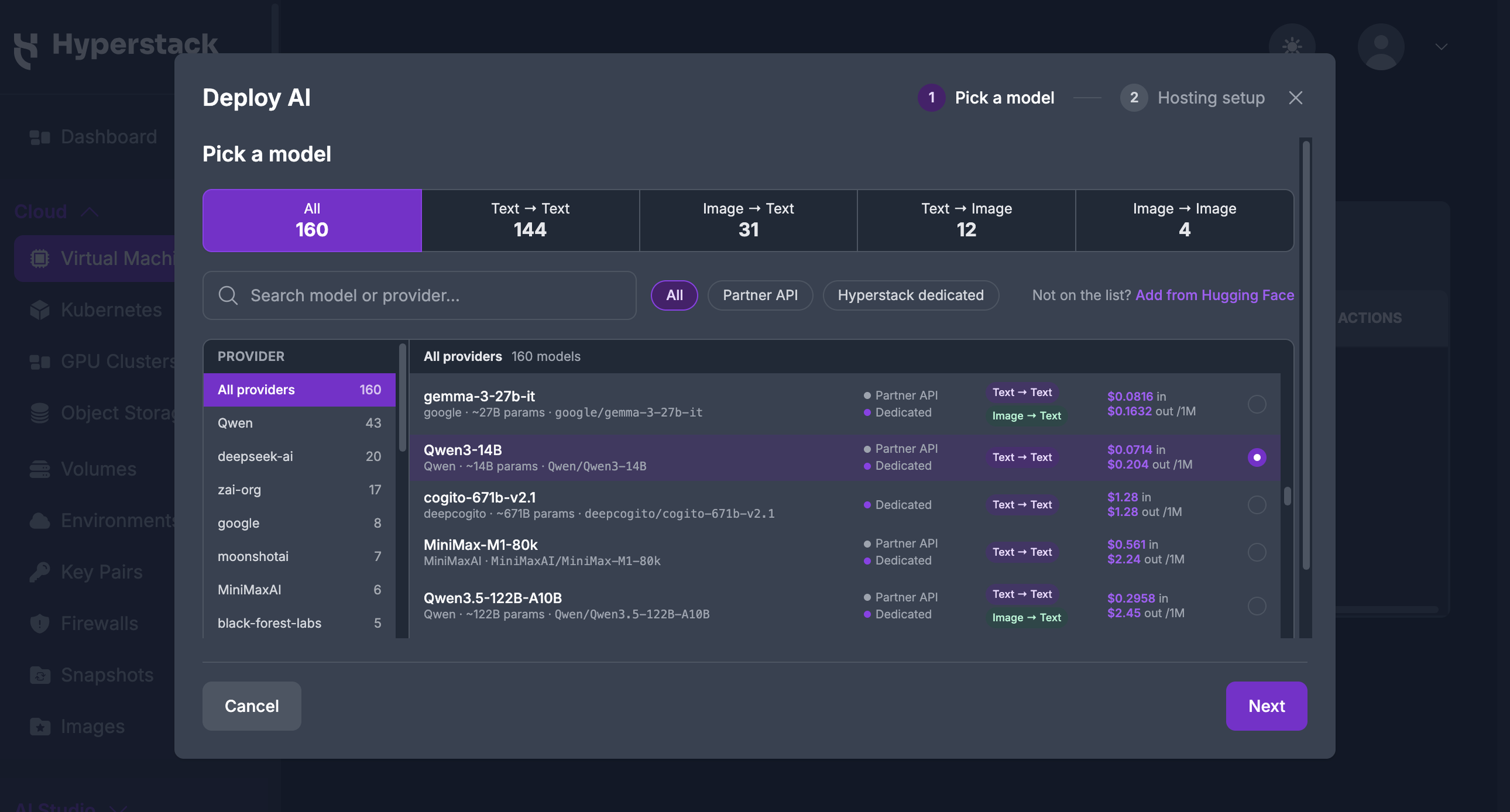 Deploy AI wizard, Pick a model step, with a model selected in the catalog