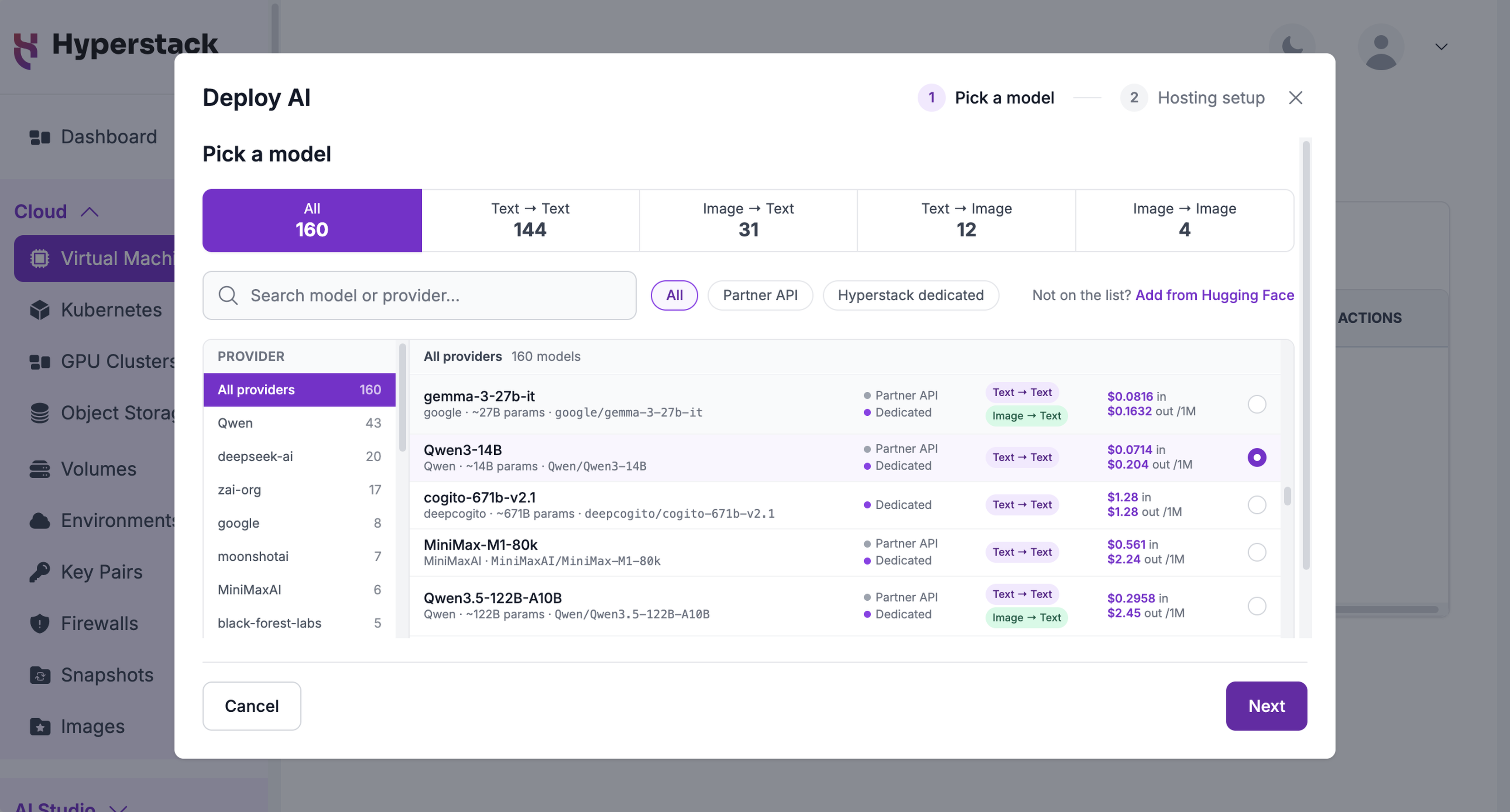 Deploy AI wizard, Pick a model step, with a model selected in the catalog