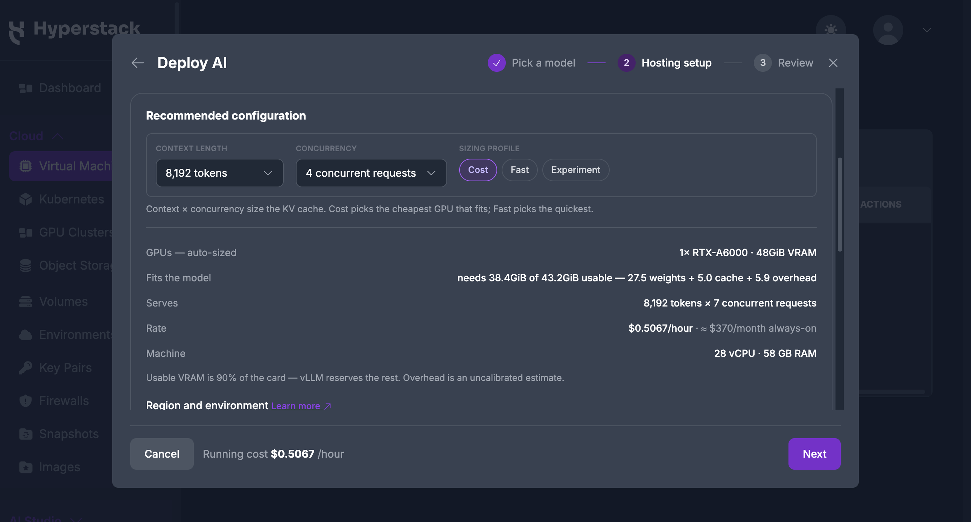 Deploy AI wizard, Hosting setup step, showing the recommended configuration for the selected model