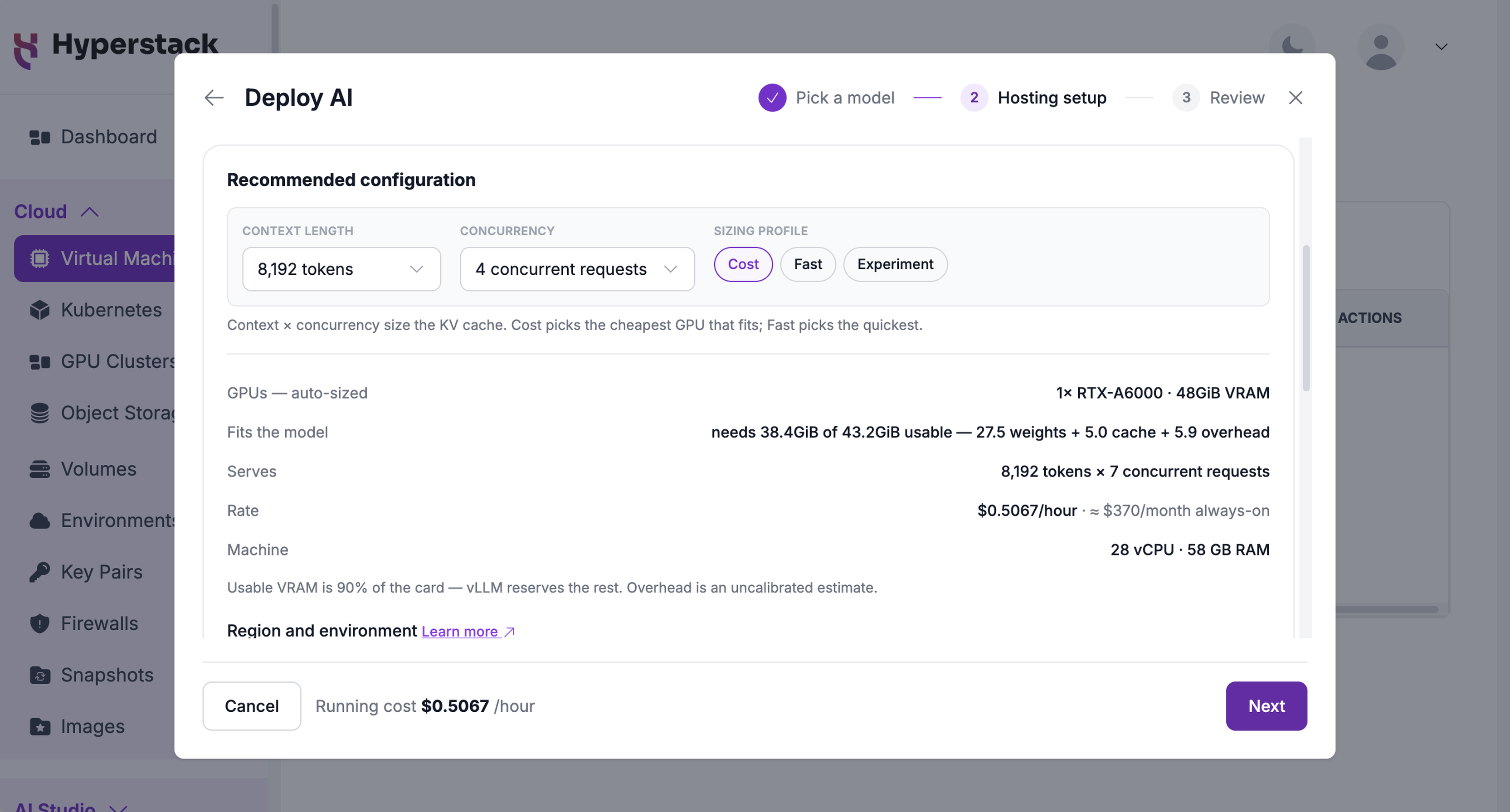 Deploy AI wizard, Hosting setup step, showing the recommended configuration for the selected model