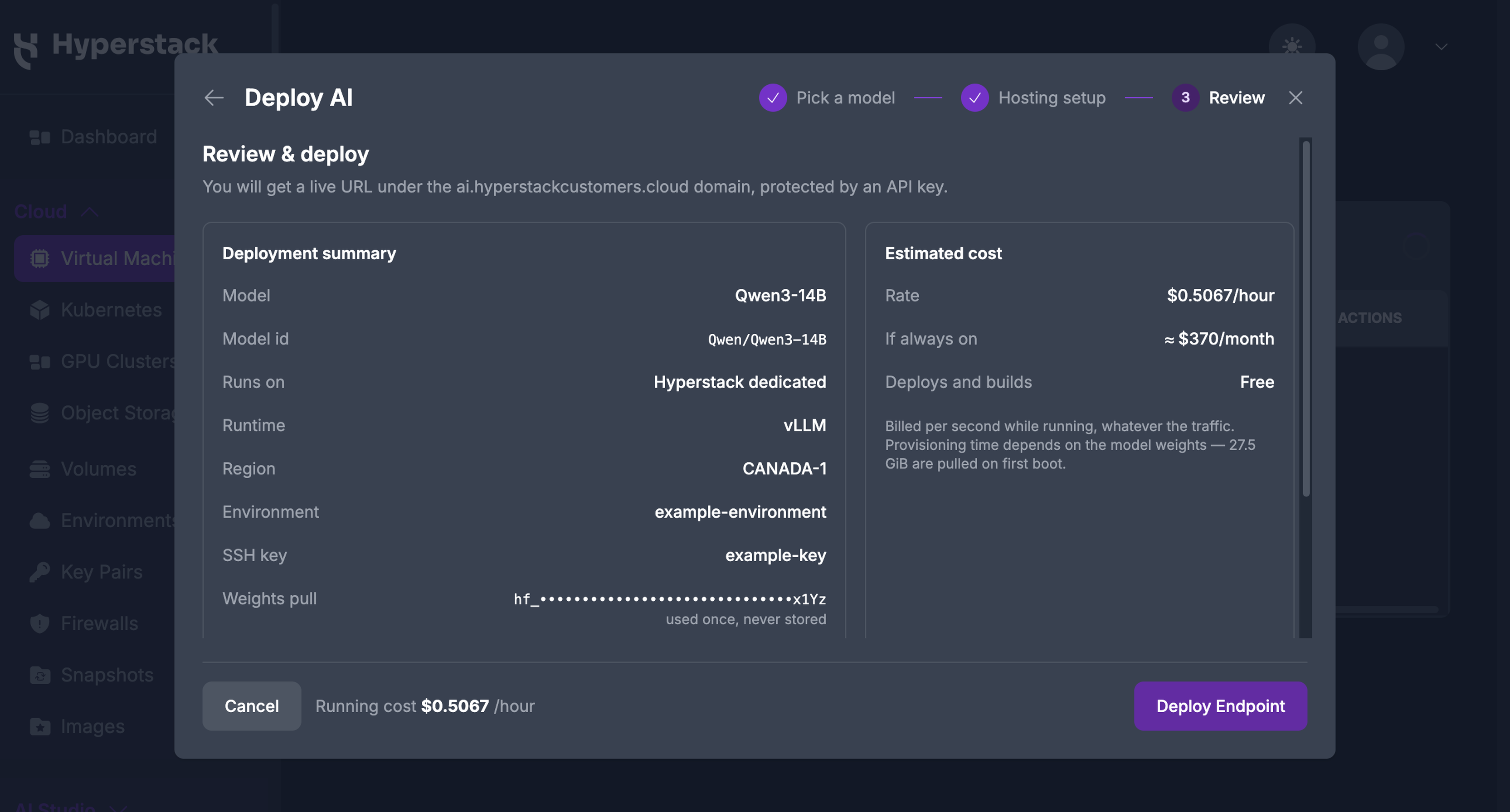 Deploy AI wizard, Review step, showing the deployment summary and estimated cost