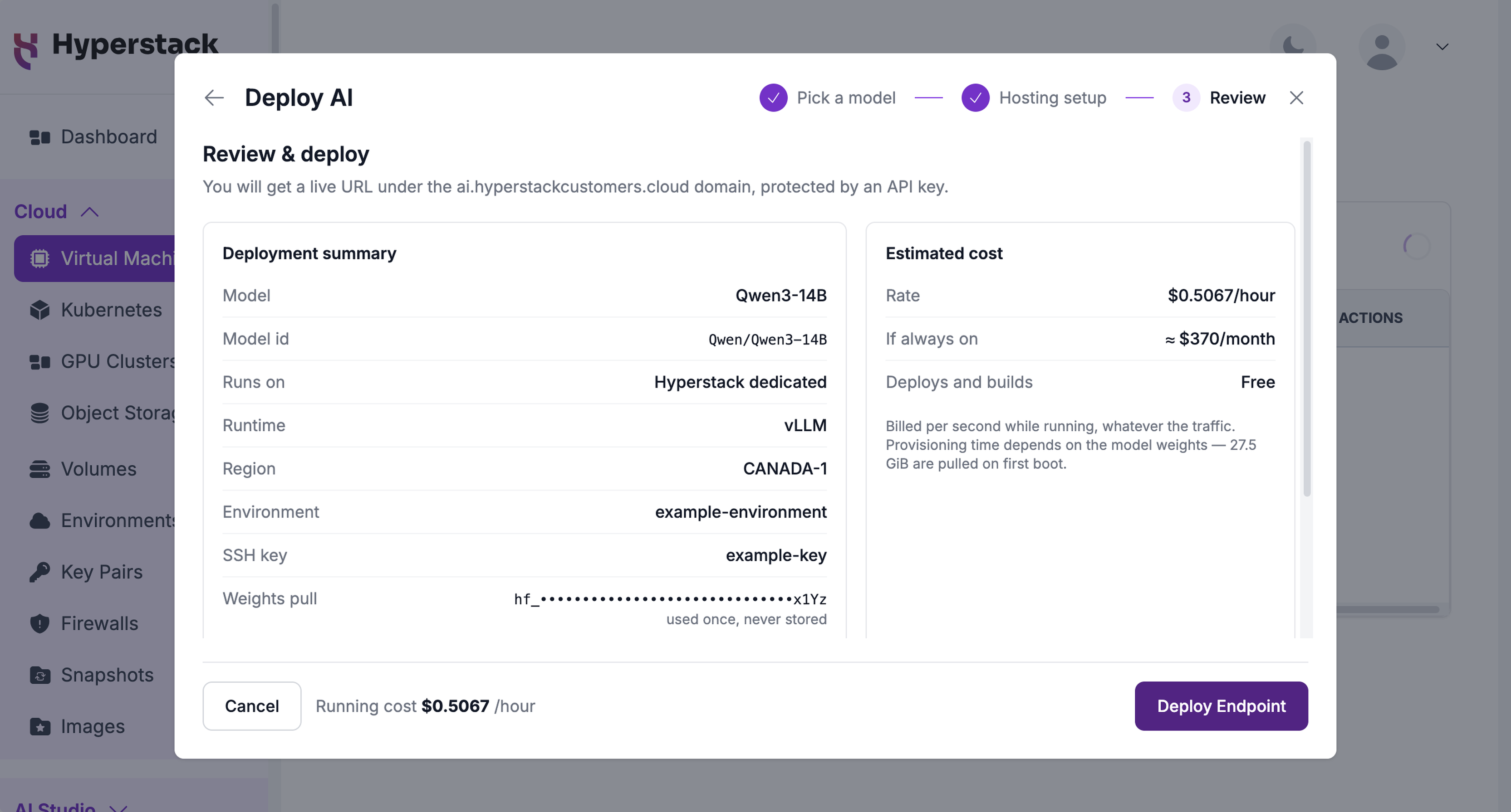 Deploy AI wizard, Review step, showing the deployment summary and estimated cost