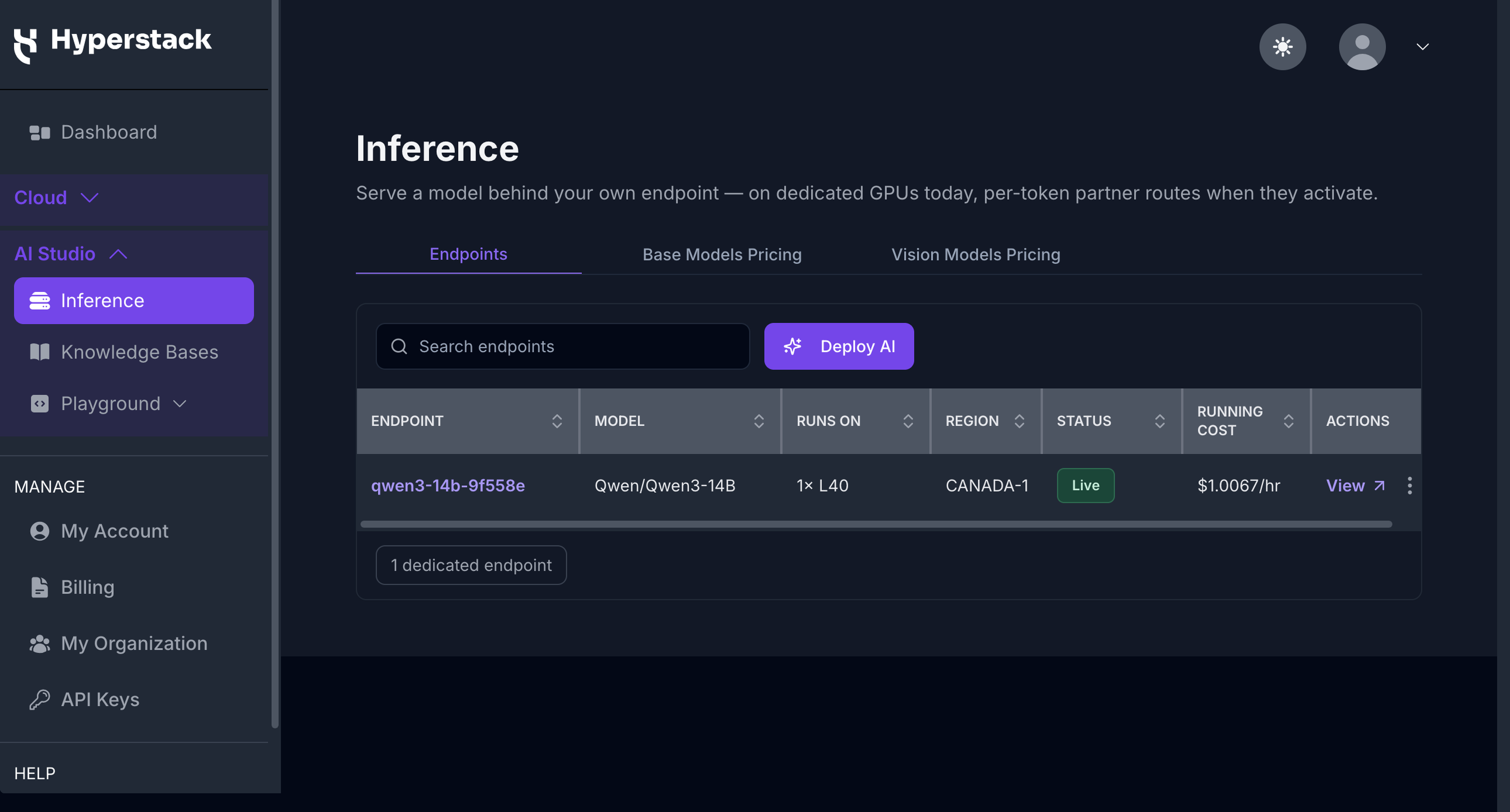Inference page, Endpoints tab, listing a dedicated endpoint with its model, GPUs, region, status, and running cost