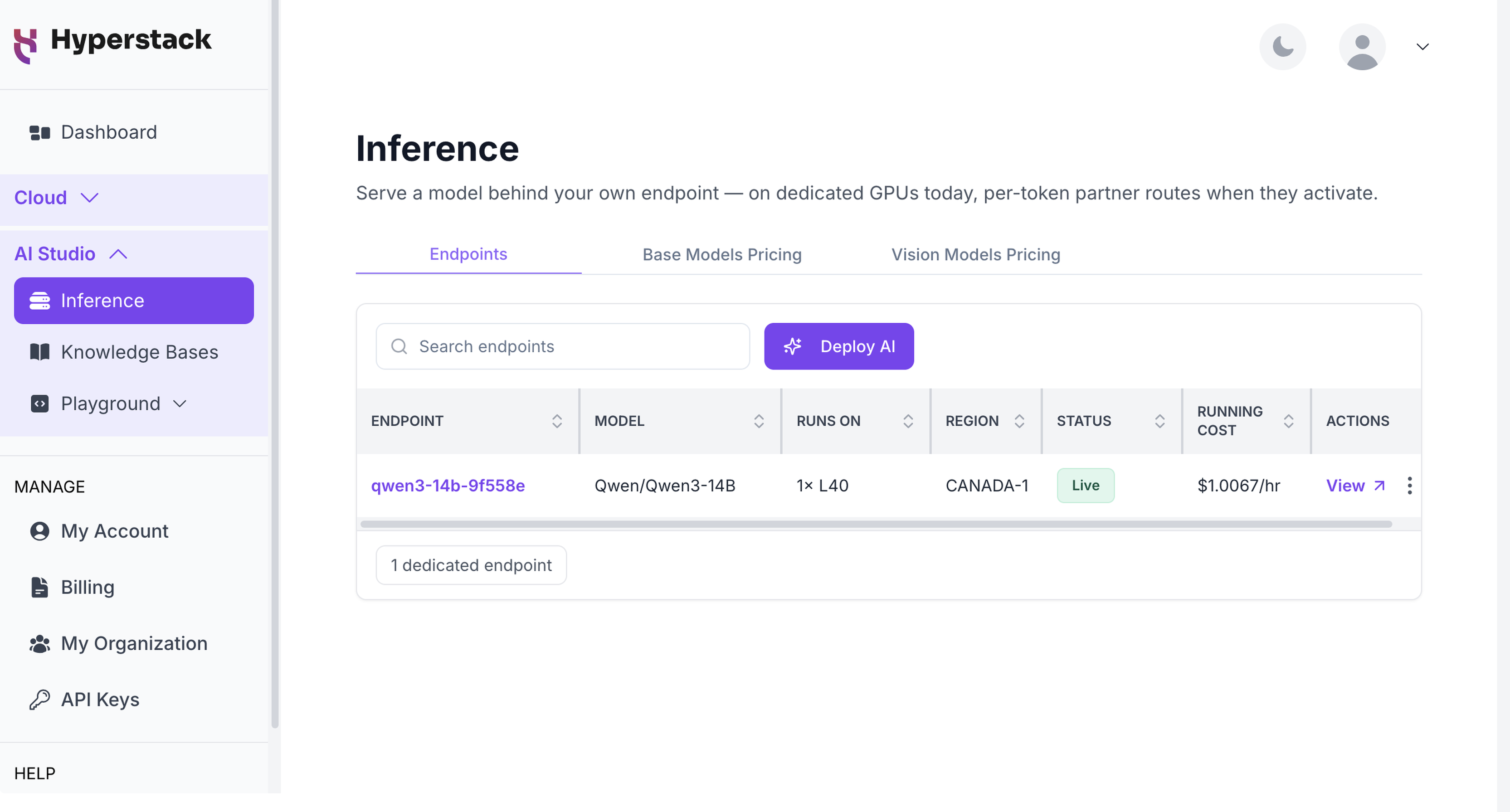 Inference page, Endpoints tab, listing a dedicated endpoint with its model, GPUs, region, status, and running cost