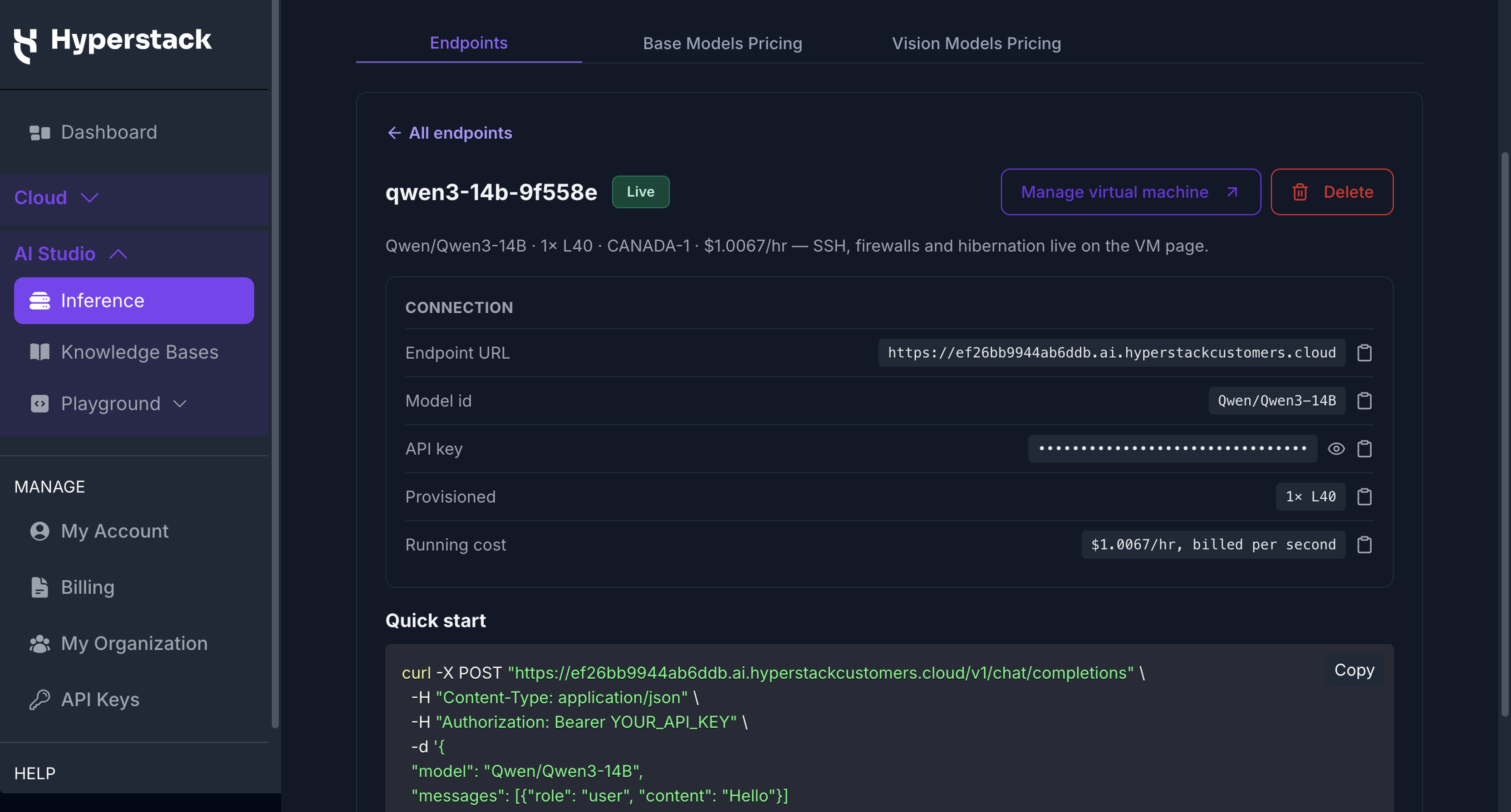 Endpoint page showing the Connection details and the Quick start request