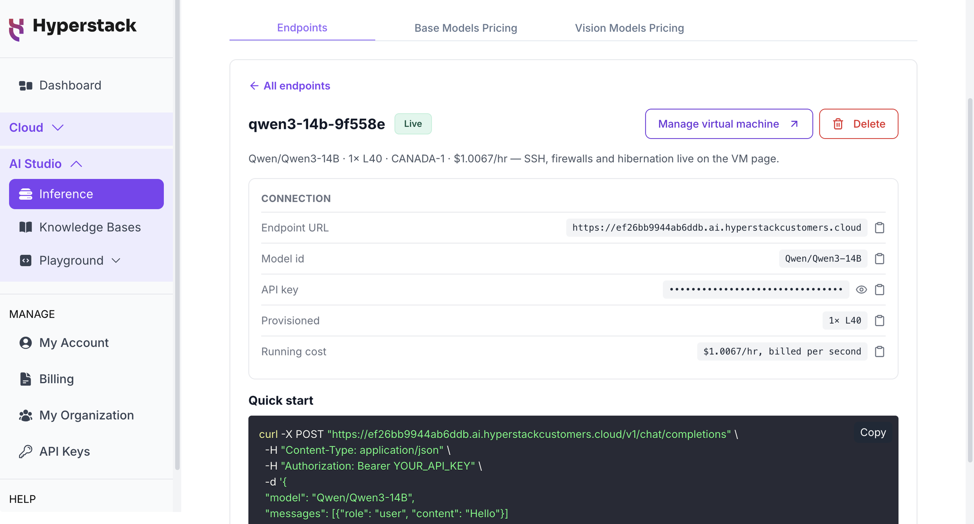 Endpoint page showing the Connection details and the Quick start request
