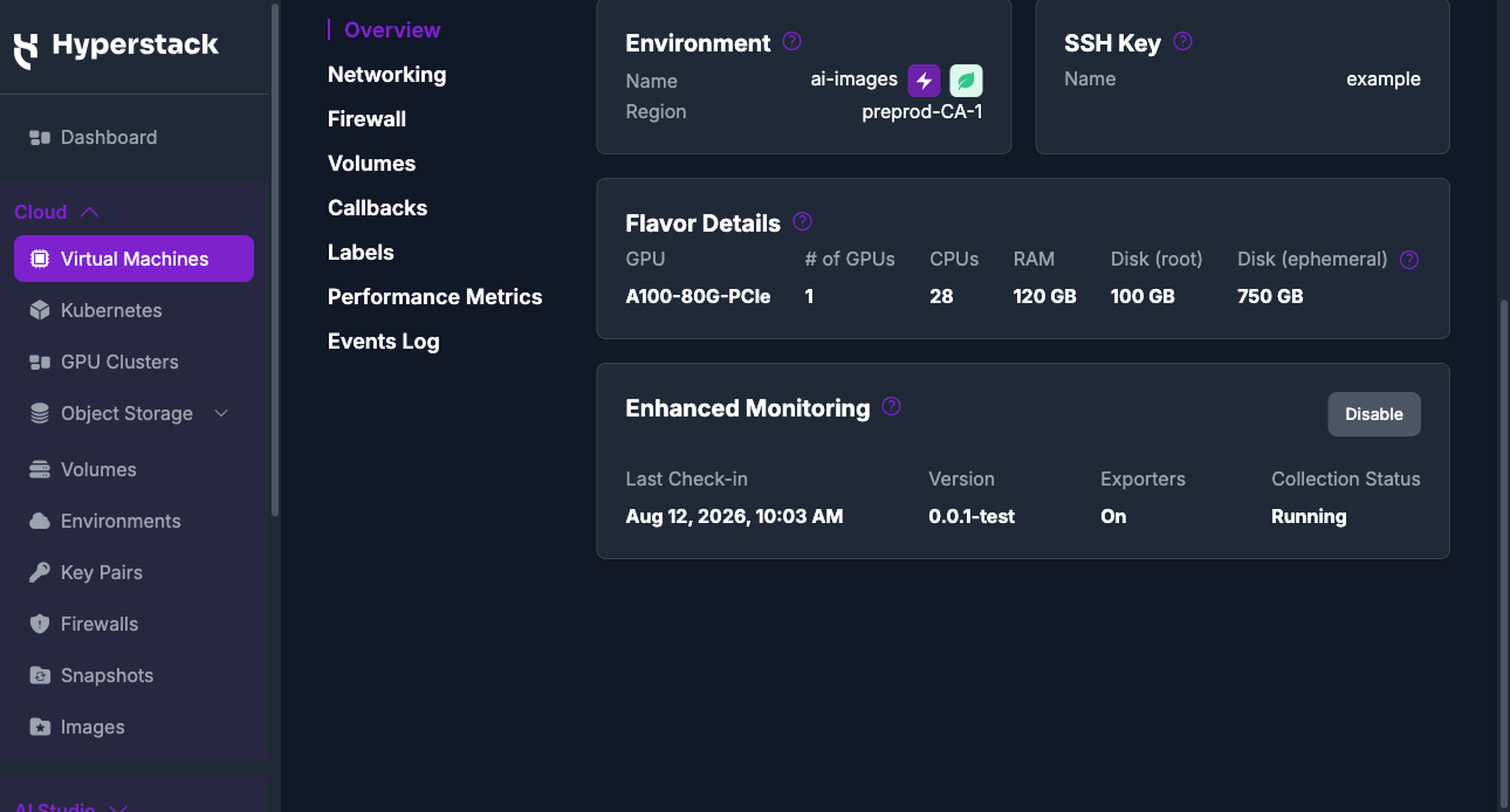 The Enhanced Monitoring card with the agent reporting, showing Last Check-in, Version, Exporters, and Collection Status