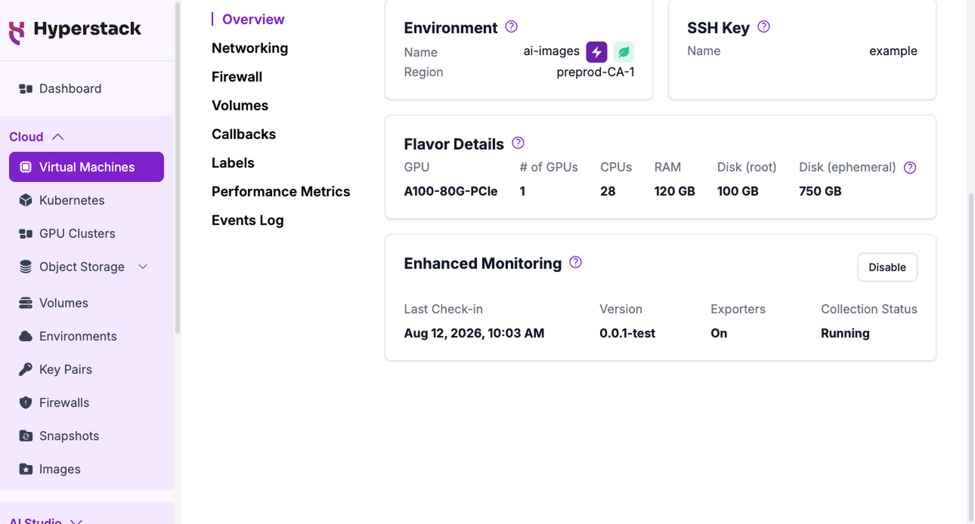 The Enhanced Monitoring card with the agent reporting, showing Last Check-in, Version, Exporters, and Collection Status