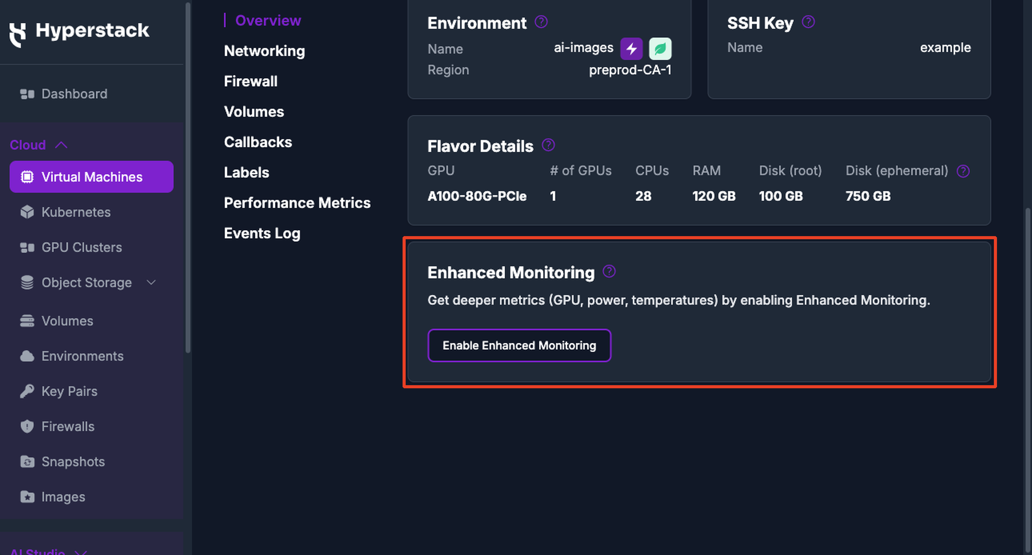 The Enhanced Monitoring card on the VM Overview tab in Standard mode, with the Enable Enhanced Monitoring button