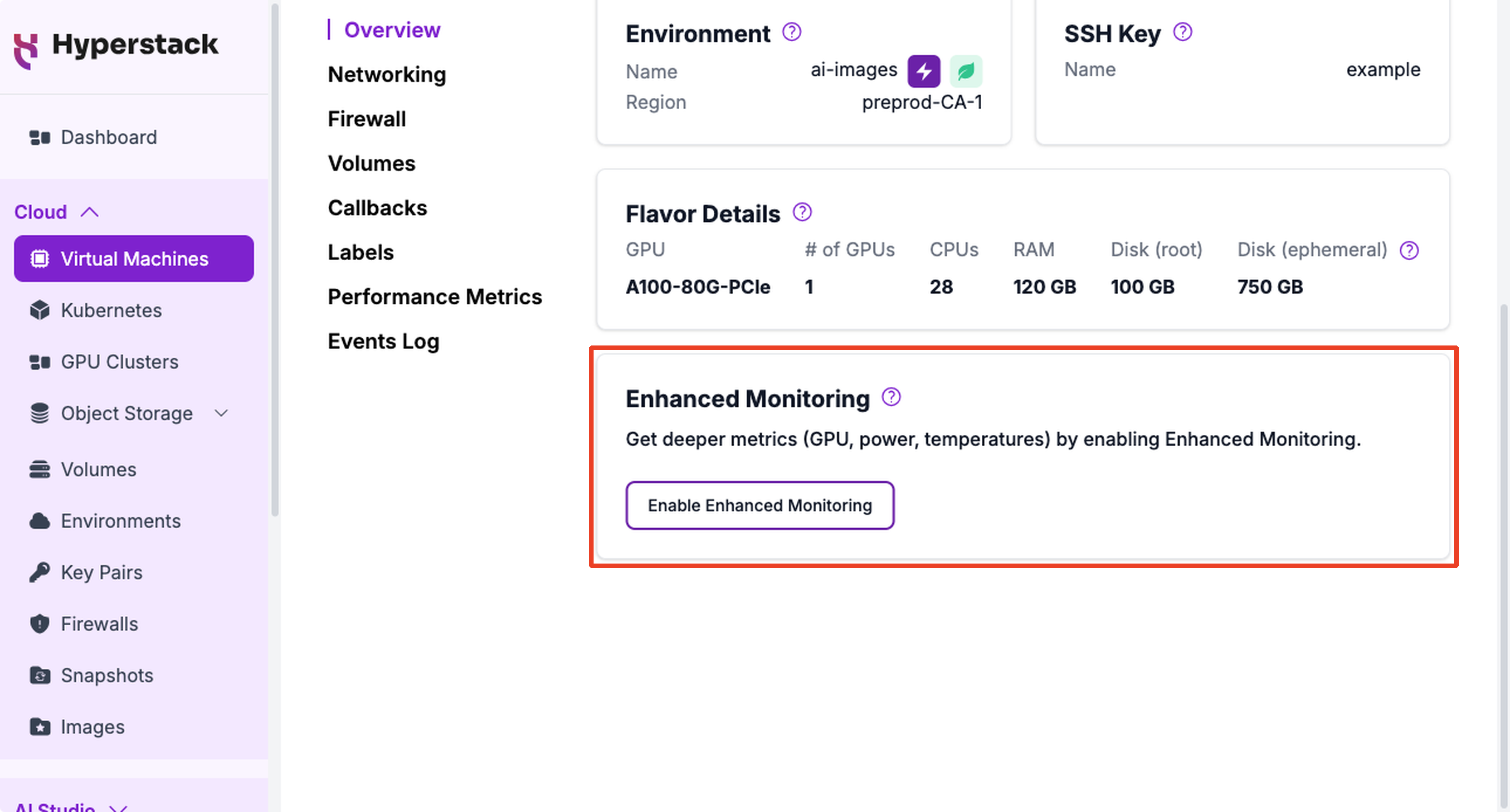 The Enhanced Monitoring card on the VM Overview tab in Standard mode, with the Enable Enhanced Monitoring button