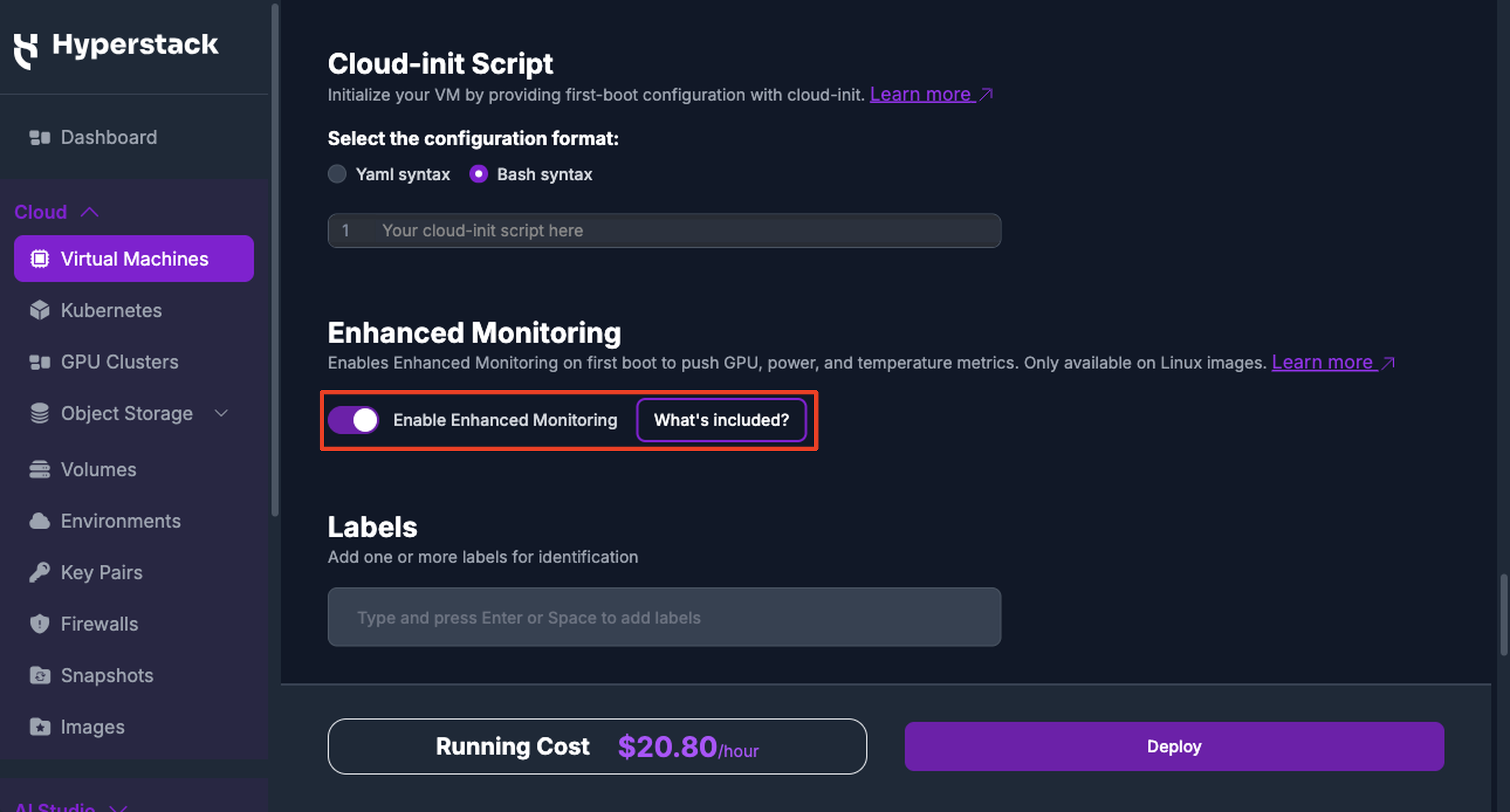 The Enhanced Monitoring toggle in the VM creation form, switched on, next to the What's included? button