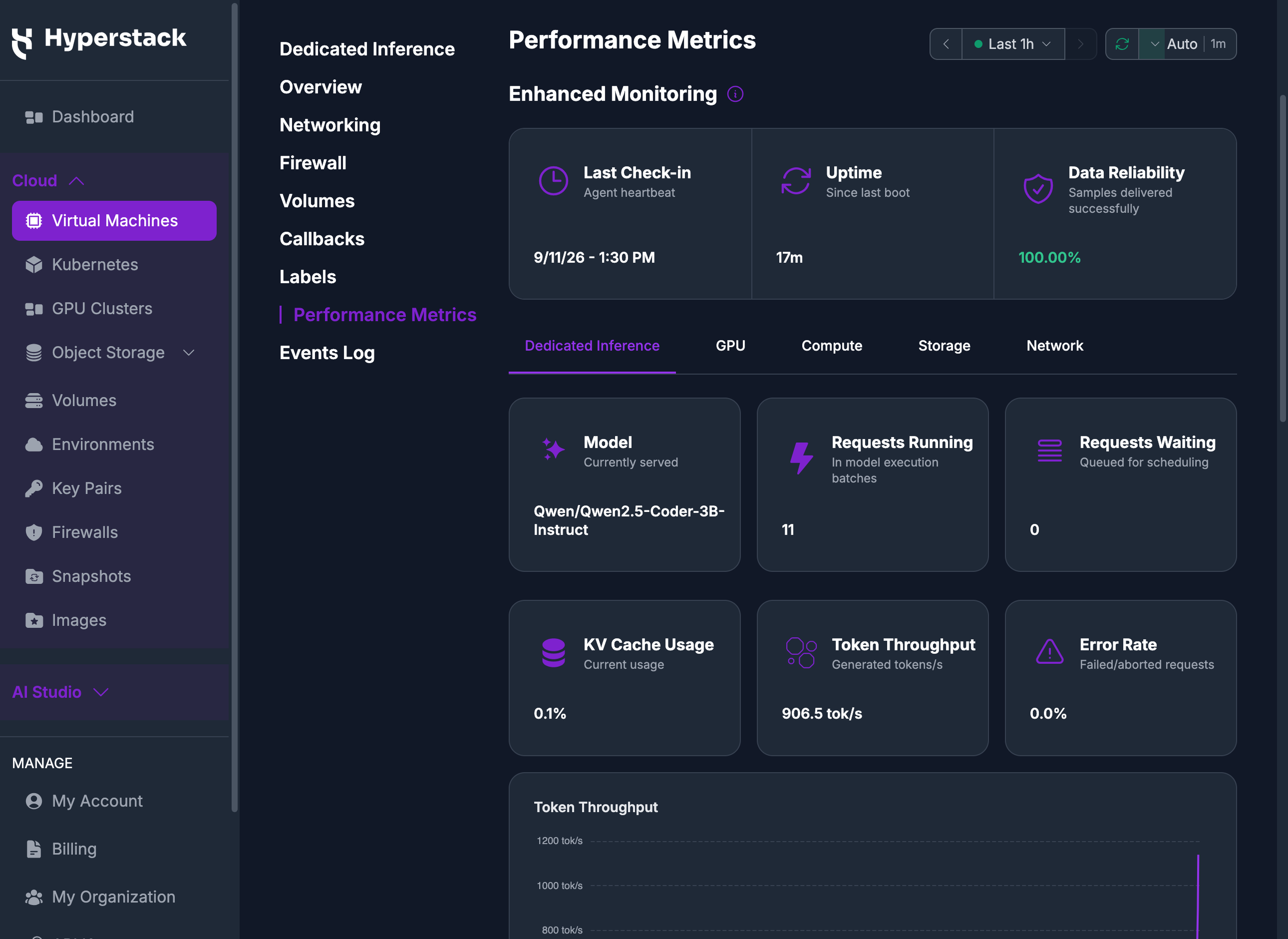 The Dedicated Inference sub-tab on the Performance Metrics tab, showing the model served, request counts, KV cache usage, token throughput, and error rate