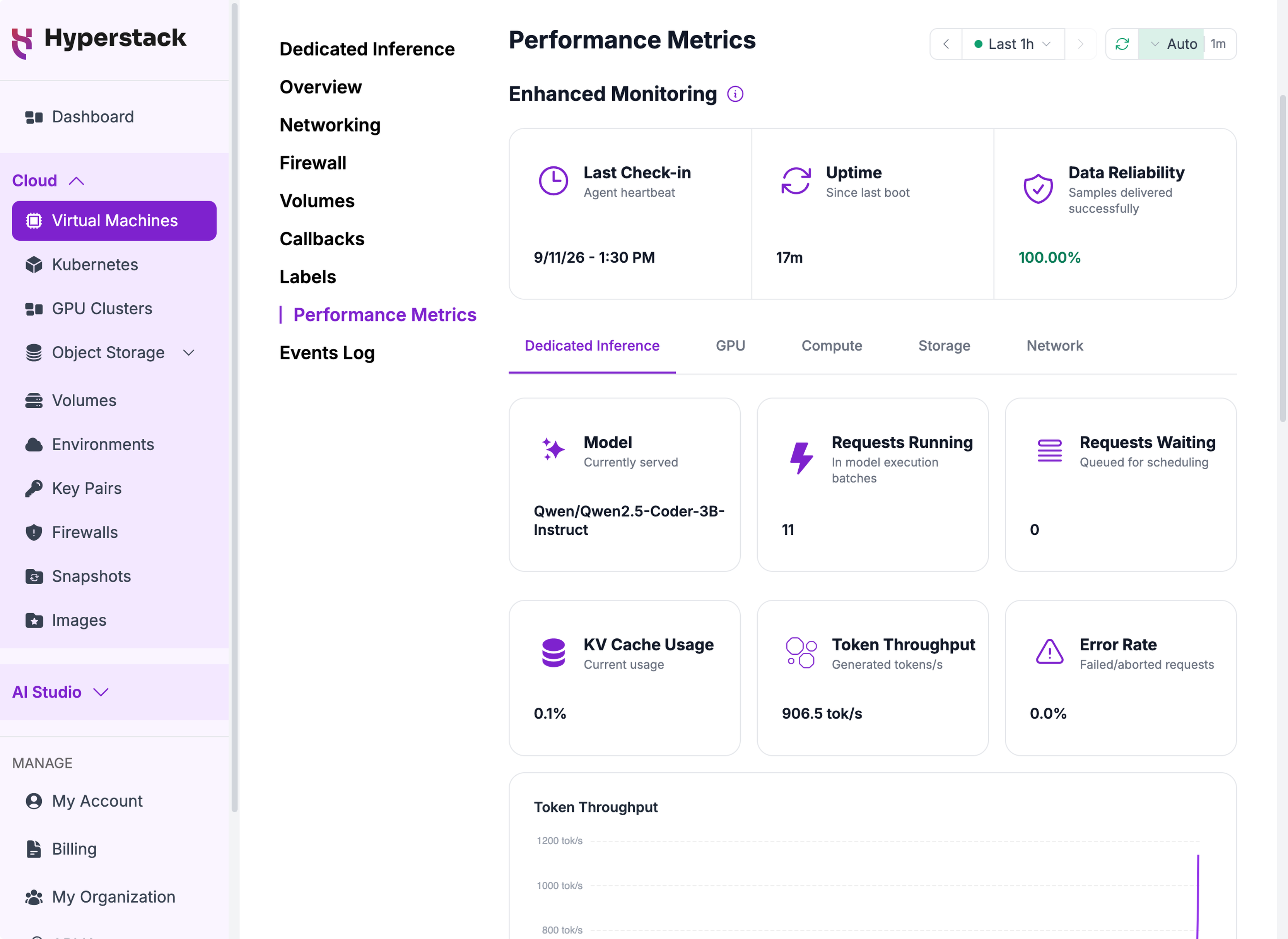 The Dedicated Inference sub-tab on the Performance Metrics tab, showing the model served, request counts, KV cache usage, token throughput, and error rate