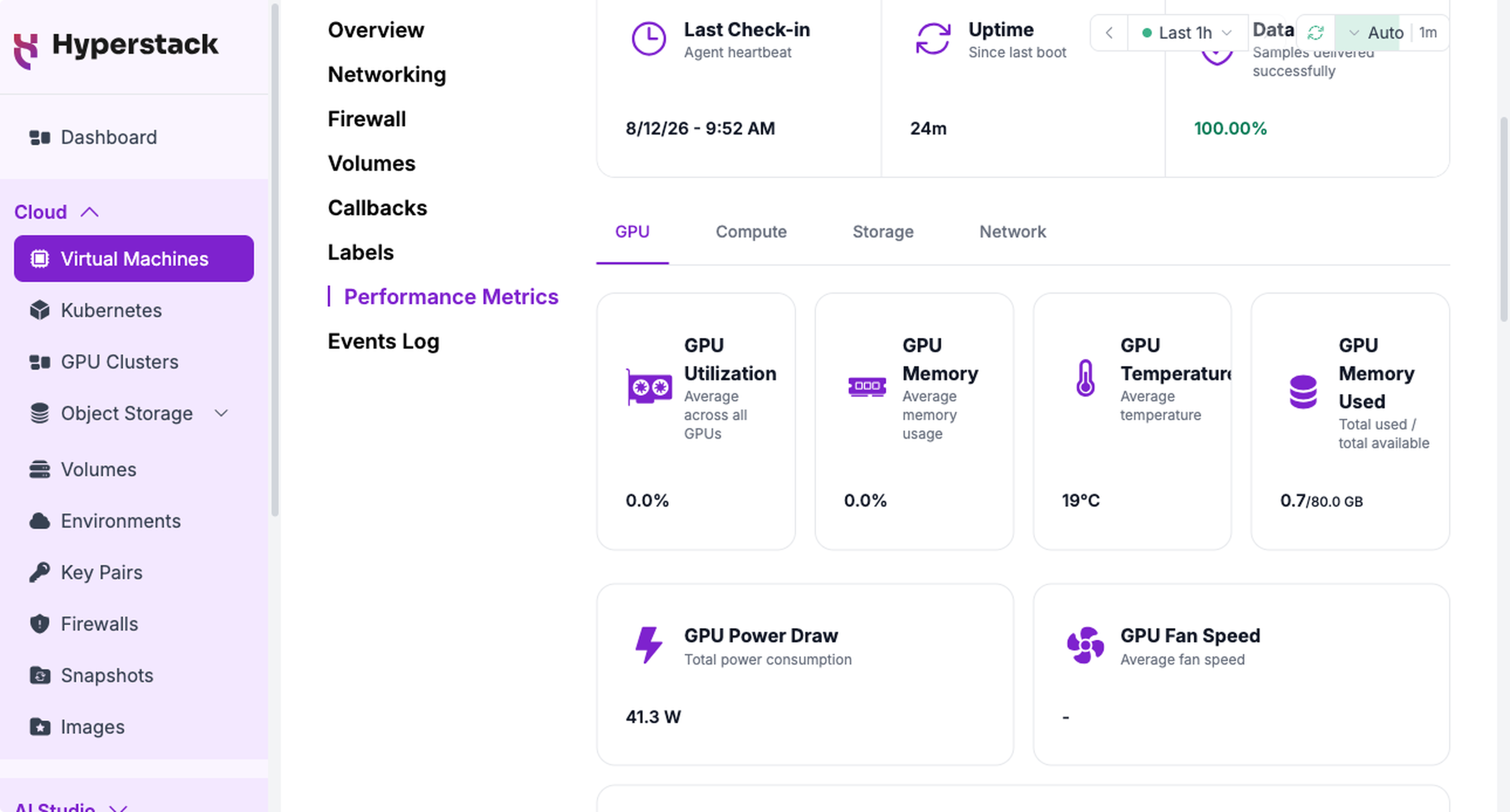 The Performance Metrics tab with Enhanced Monitoring reporting, showing Last Check-in, Uptime, and Data Reliability above the GPU sub-tab