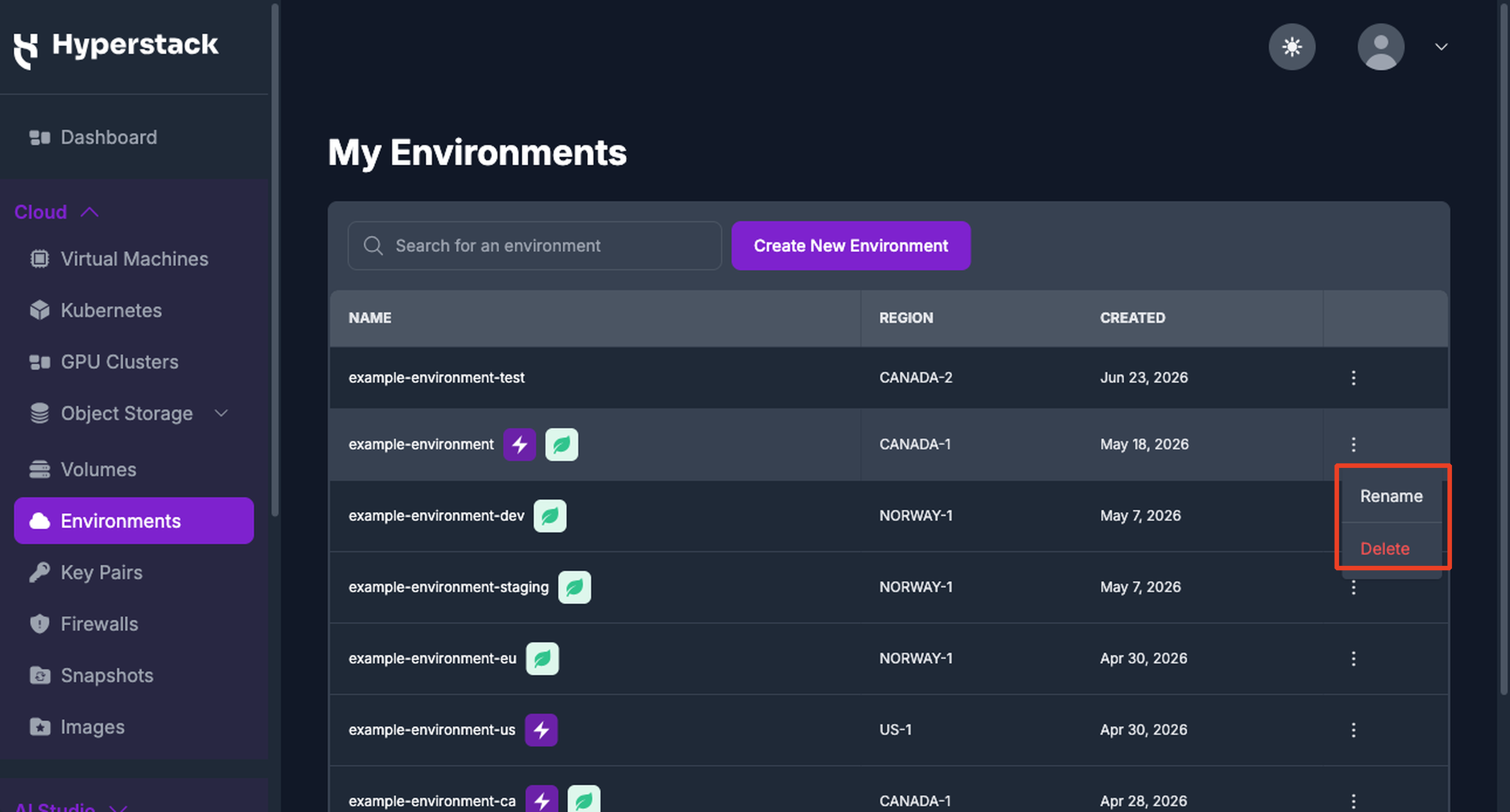 Environments table with a row action menu open, showing the Rename and Delete options