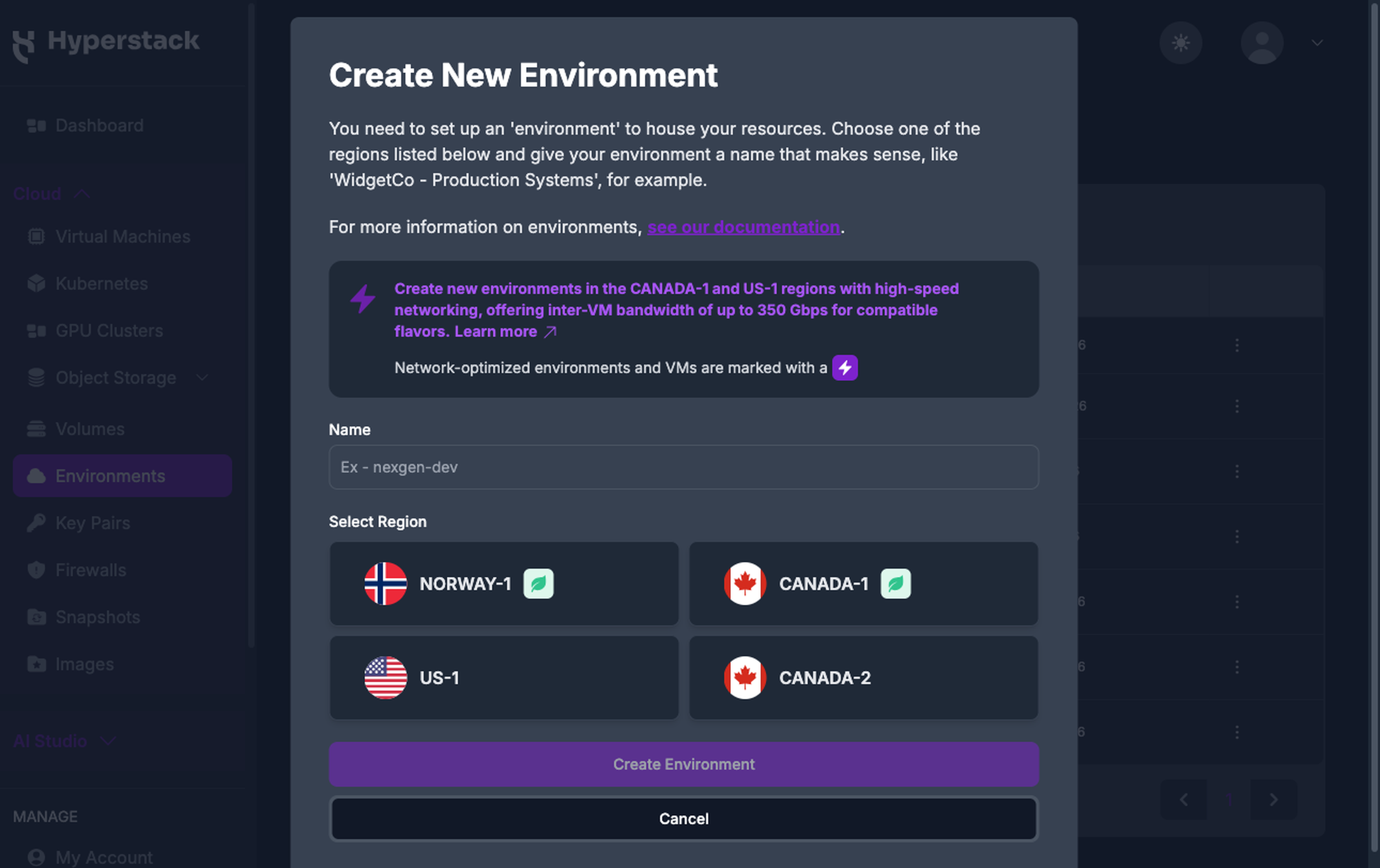 Create New Environment modal showing the Name field and the region selection tiles