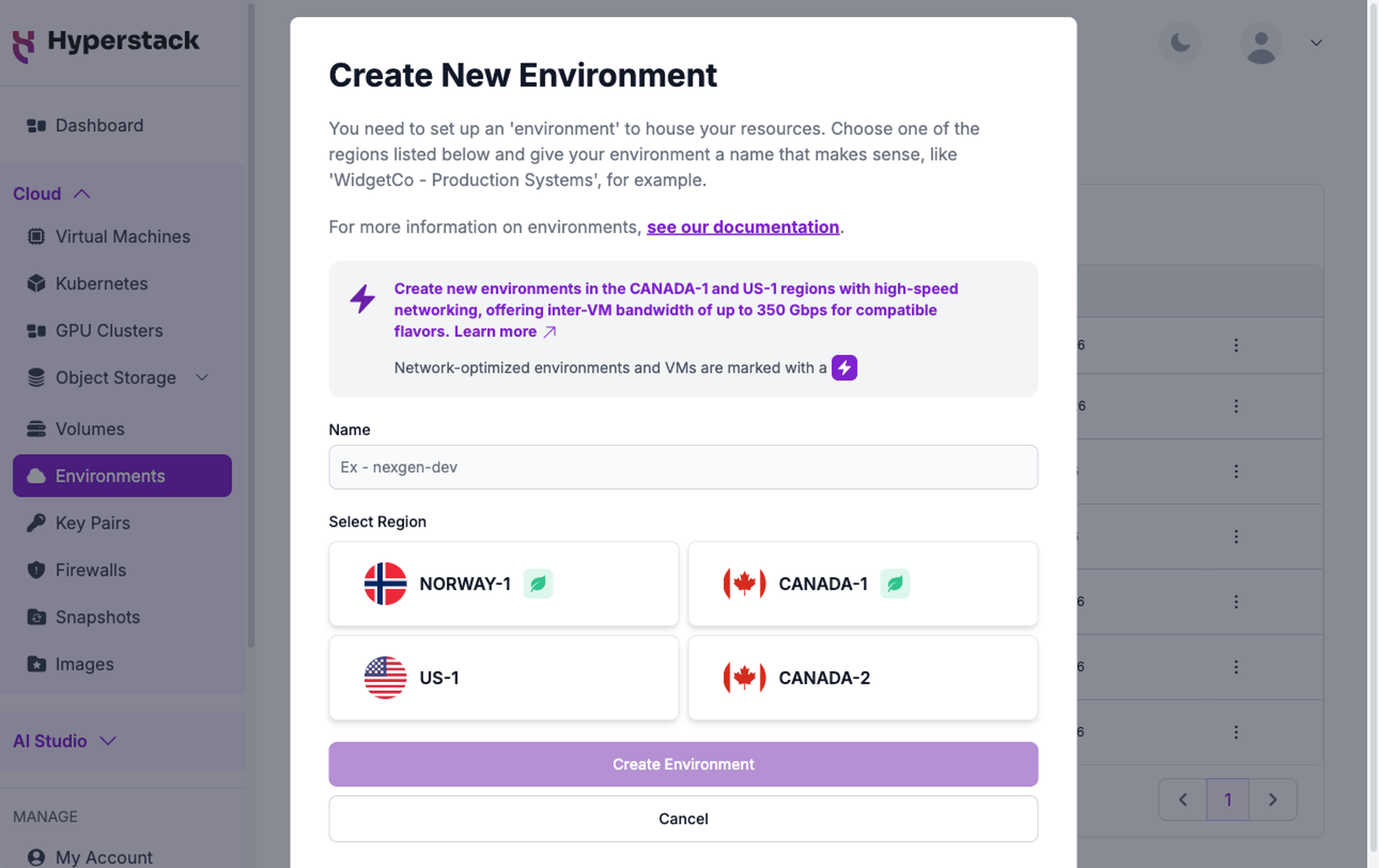 Create New Environment modal showing the Name field and the region selection tiles