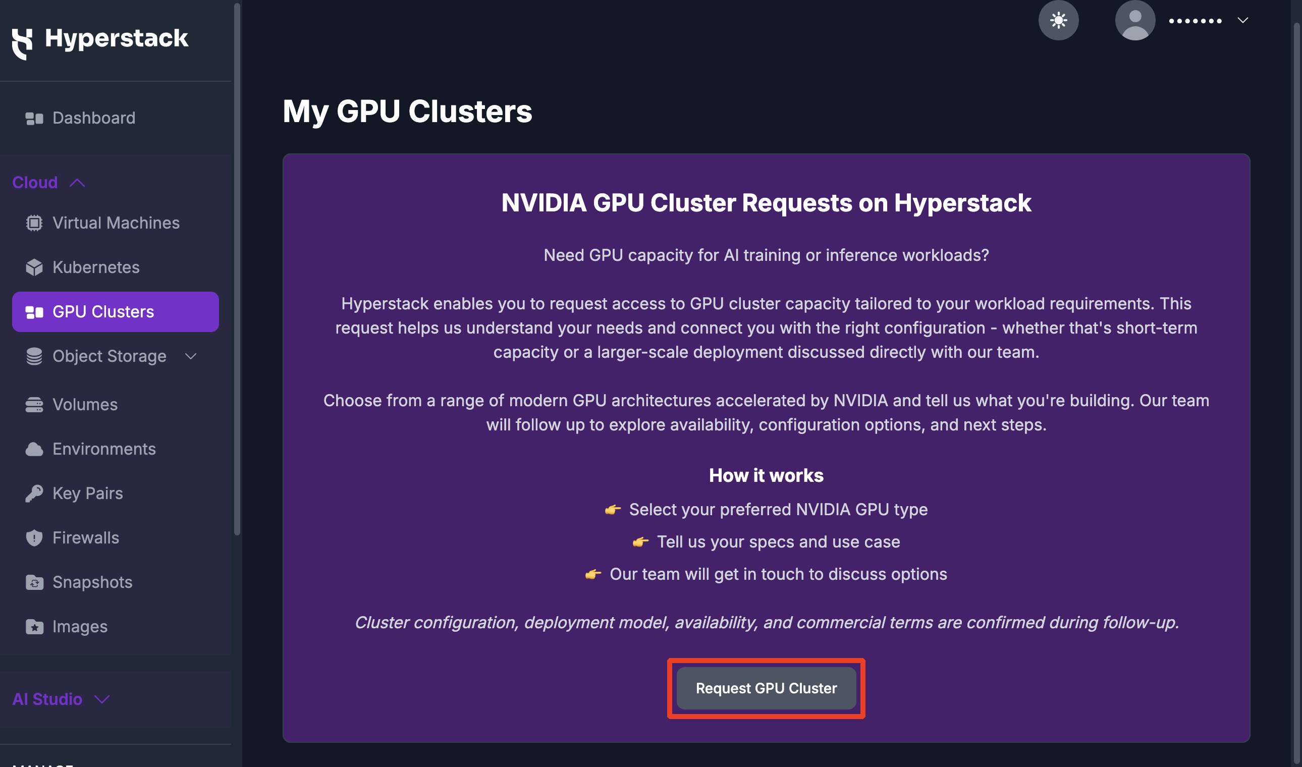 The GPU Clusters page in the Hyperstack console, with the Request GPU Cluster button highlighted at the bottom of the landing card.