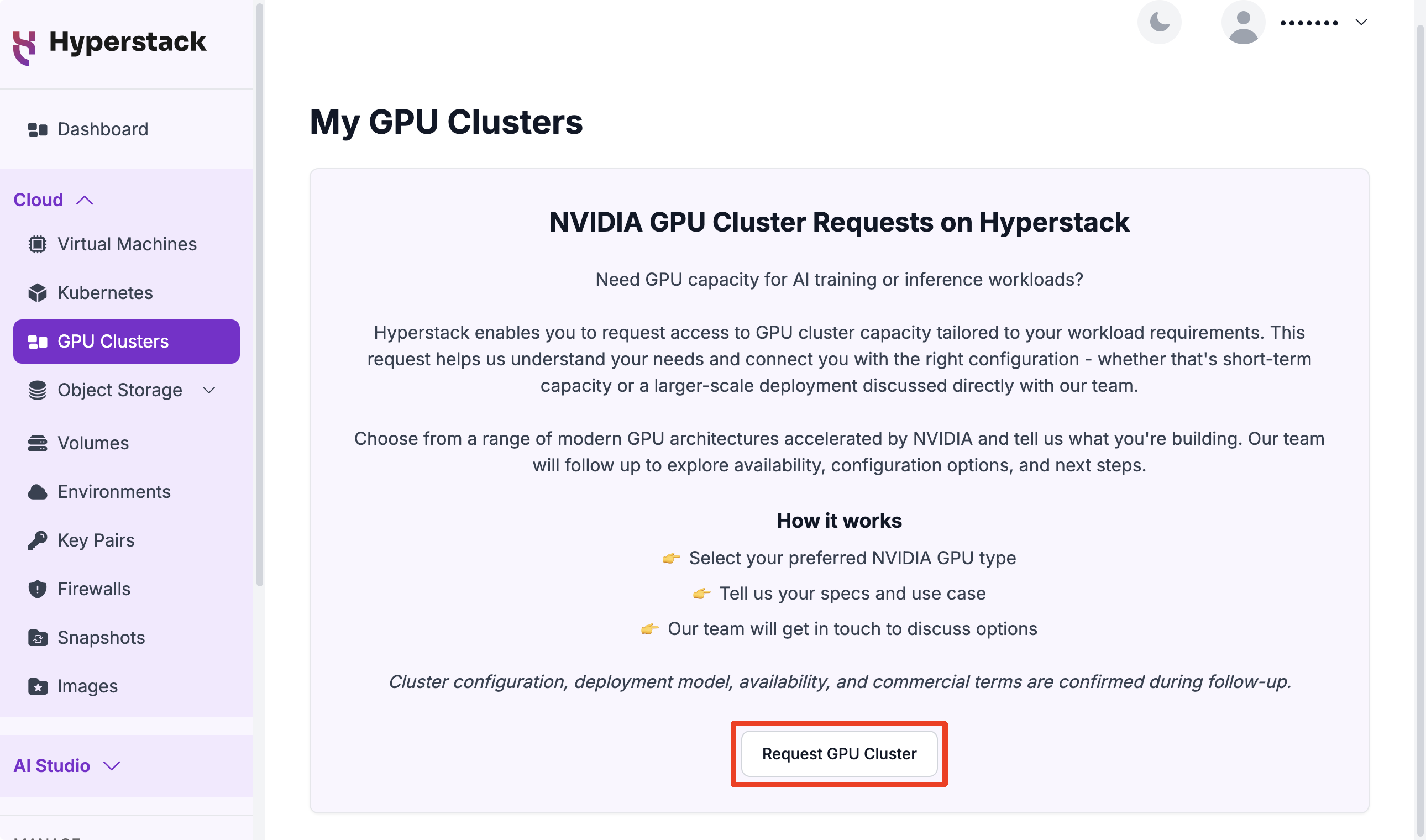 The GPU Clusters page in the Hyperstack console, with the Request GPU Cluster button highlighted at the bottom of the landing card.