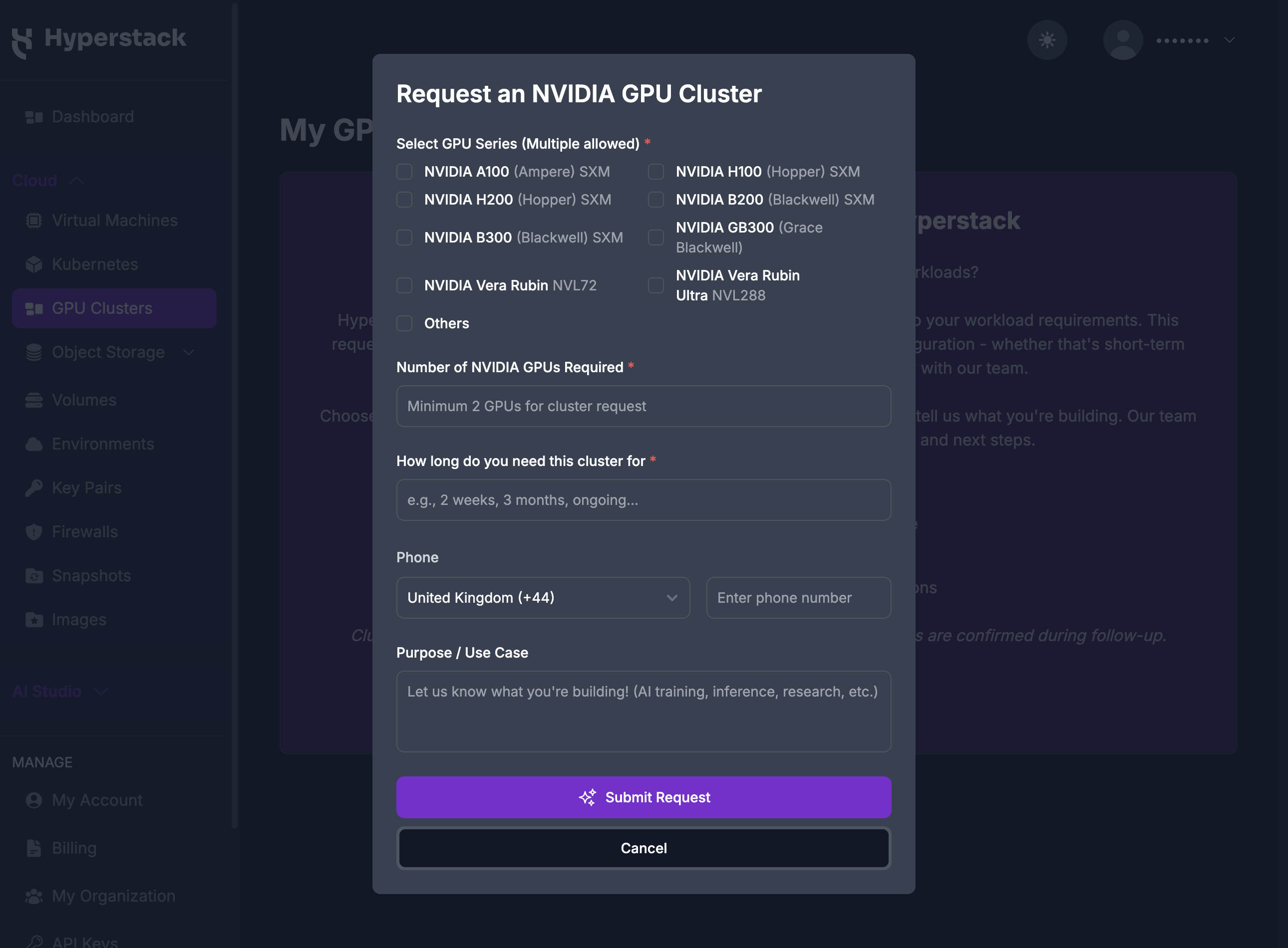 The Request an NVIDIA GPU Cluster form, showing the GPU series checkboxes, the number of GPUs, cluster duration, phone, and purpose fields.