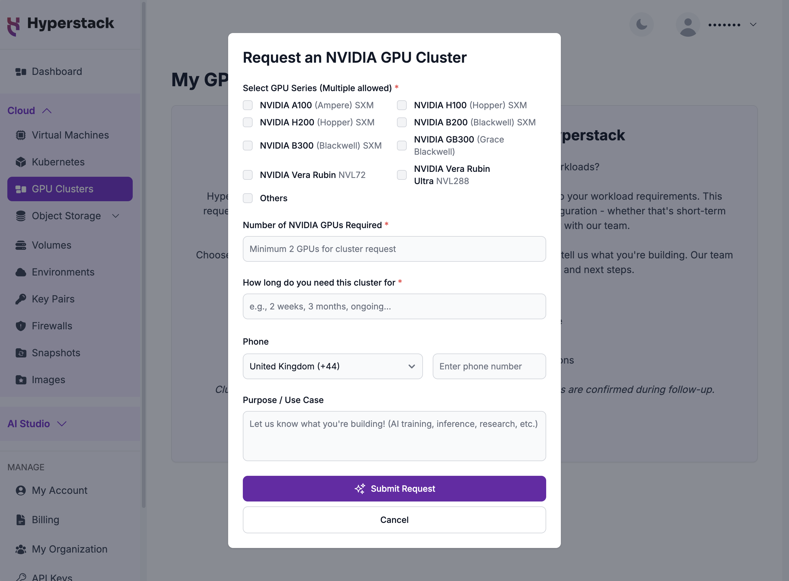 The Request an NVIDIA GPU Cluster form, showing the GPU series checkboxes, the number of GPUs, cluster duration, phone, and purpose fields.