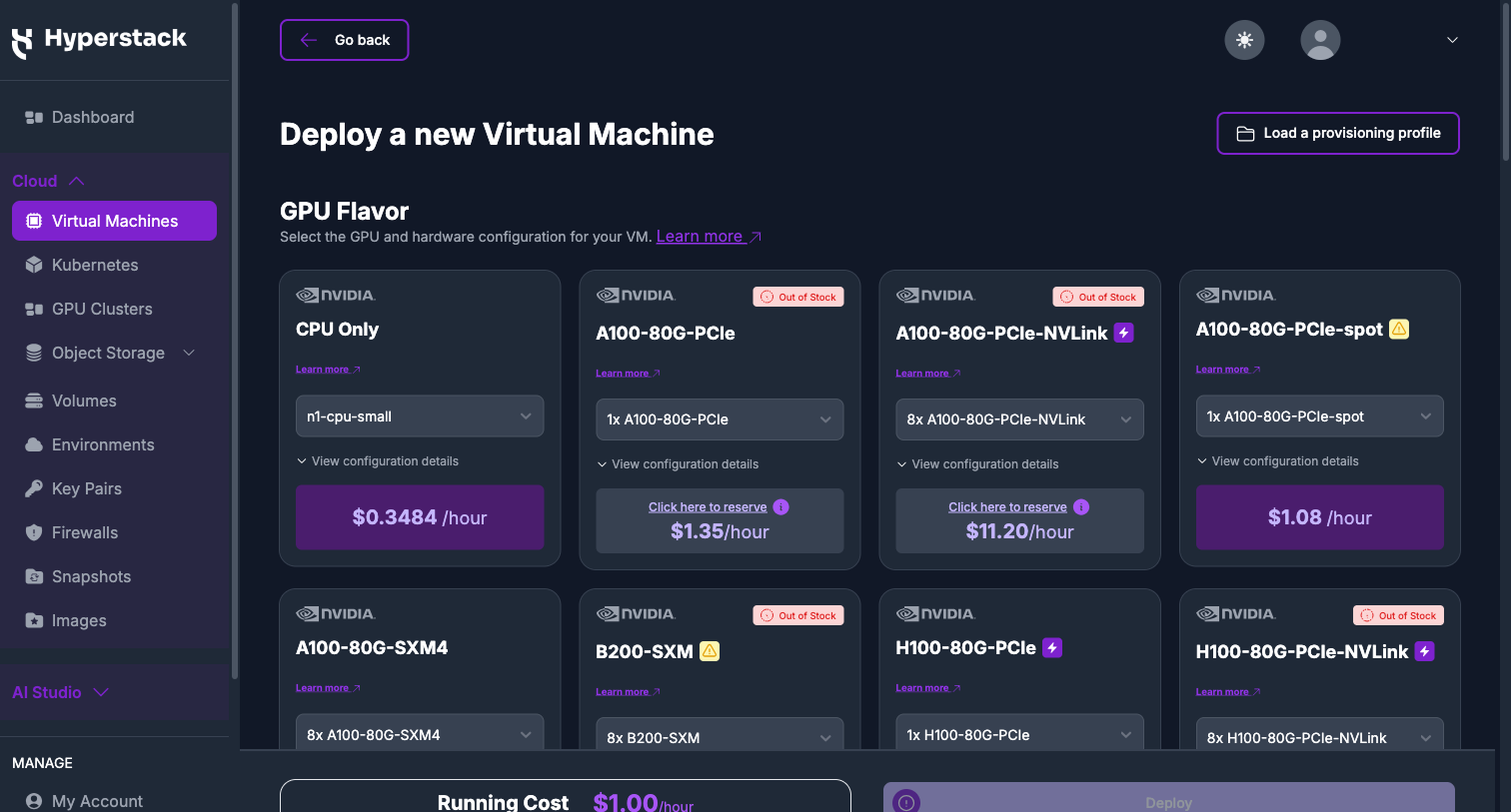 The GPU Flavor grid on the Deploy Virtual Machine page. In-stock cards show a per-hour price and a GPU-count dropdown, while out-of-stock cards show an Out of Stock badge and a Click here to reserve link in place of the price.